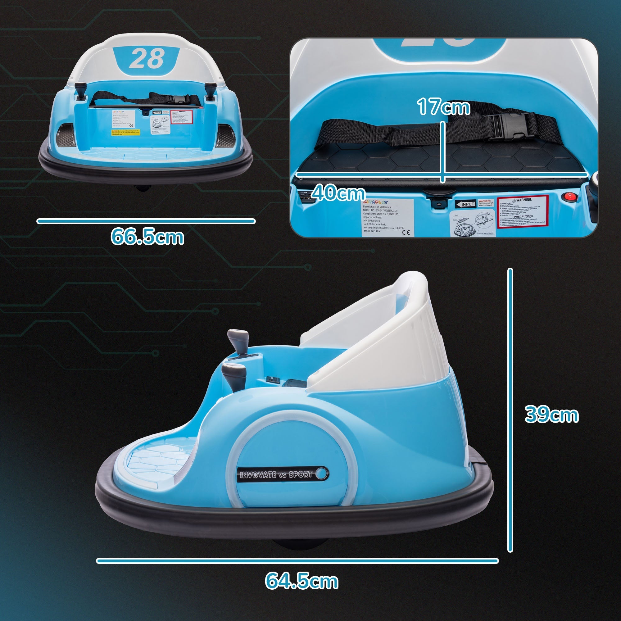 AIYAPLAY 360Â° Rotation Kids Bumper Car, 12V Waltz Car with Remote Control, Dual Joystick, Music, Lights, Light Blue