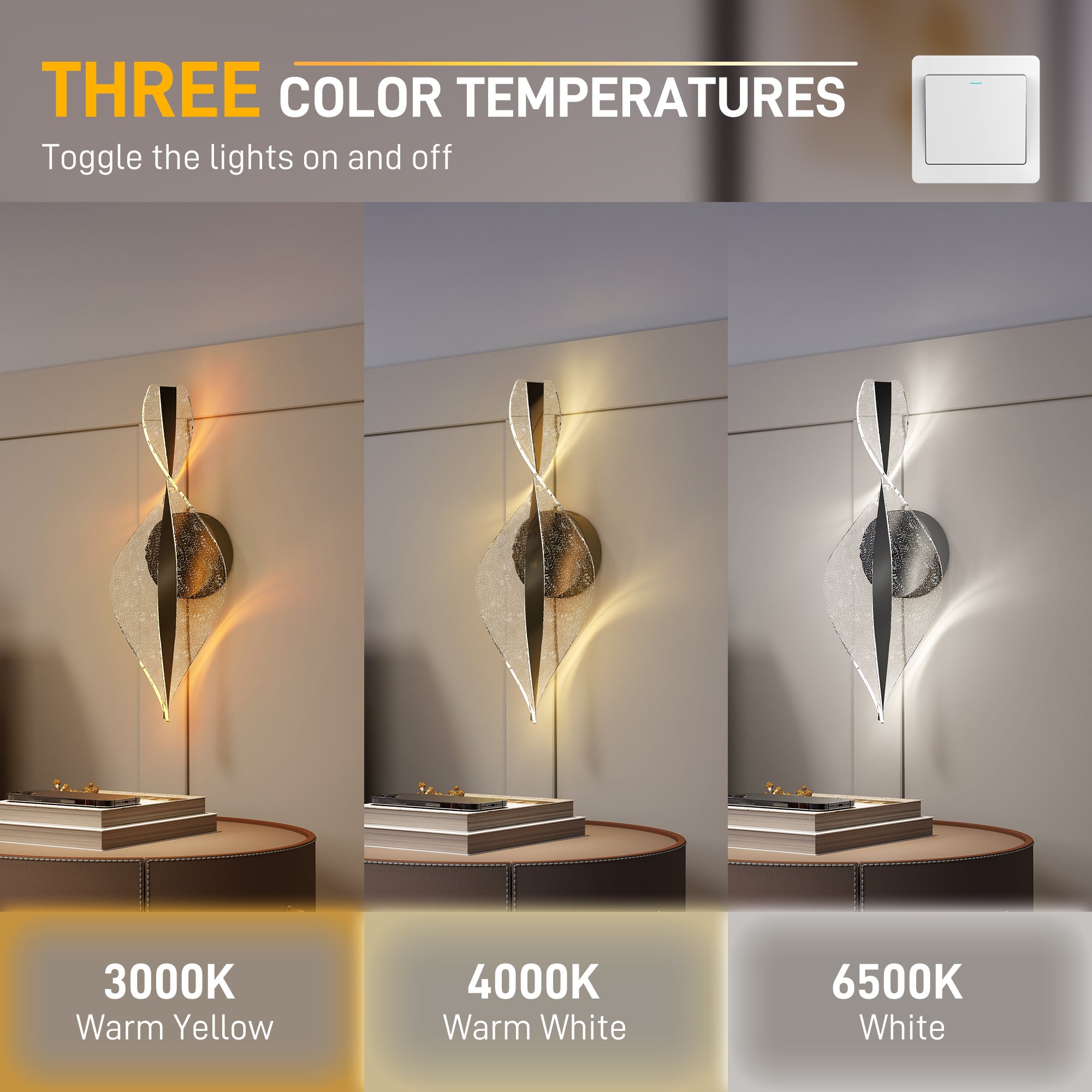 HOMCOM Led Wall Lamp 2 Pack, 13W Modern Indoor Spiral Wall Light, Colour Temperature Adjustable 3000K/4000K/6500K, for Bedroom, Living Room, Hallway, Stairs, Black