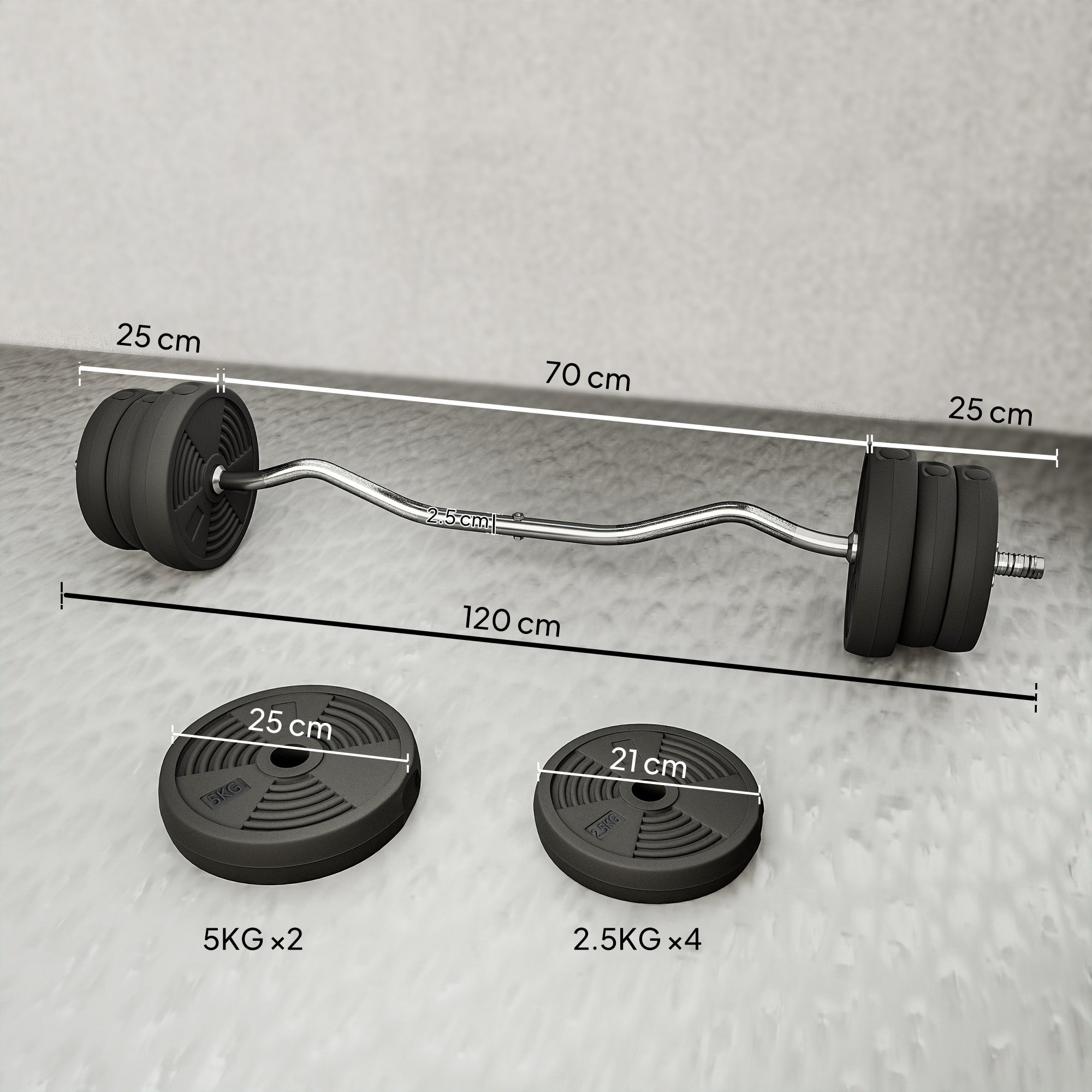 SPORTNOW 25kg Barbell Set, Adjustable Weights with Curl bar and Non-Slip Handle, for Women and Men Weight Lifting Training