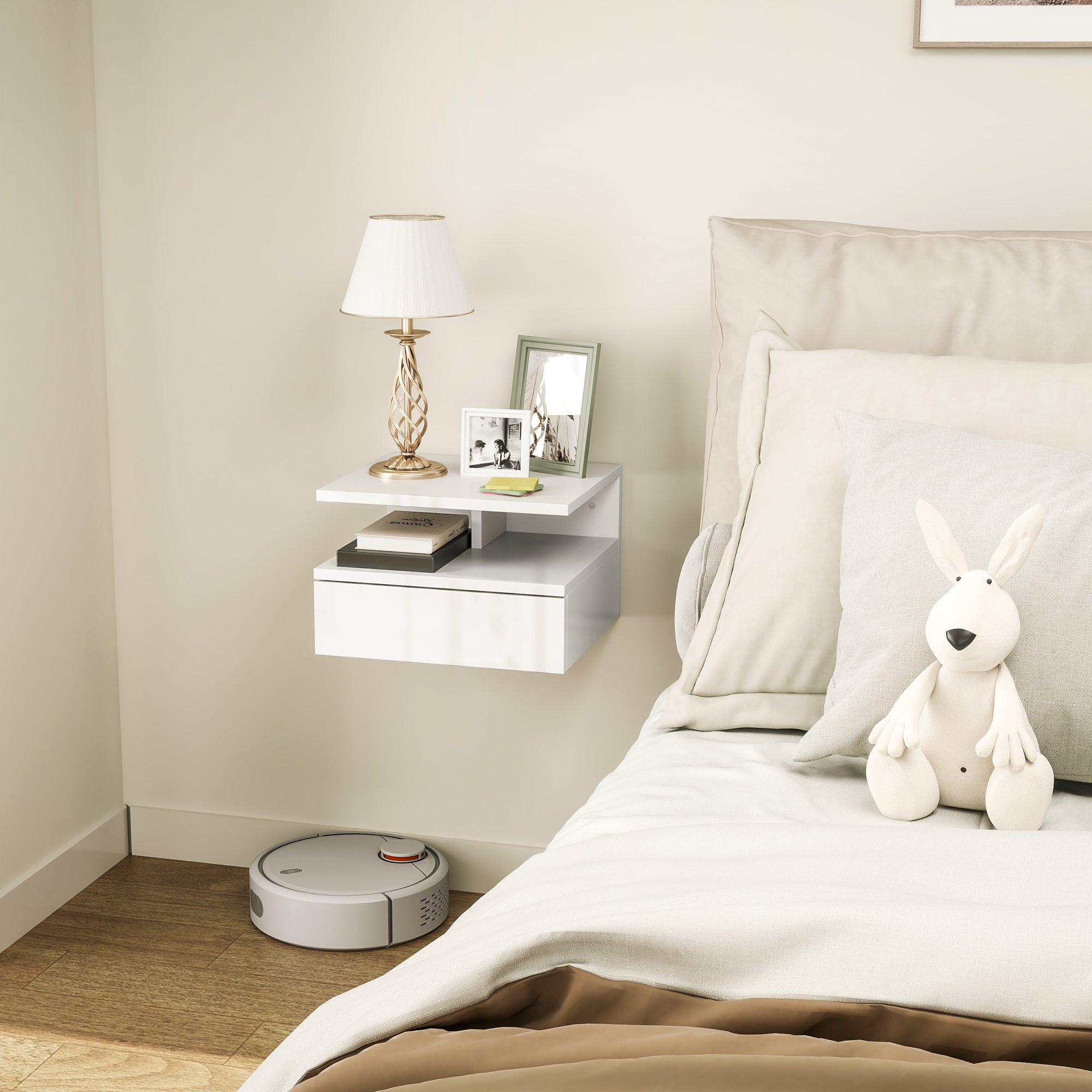 HOMCOM Floating High Gloss Bedside Table - High Gloss White