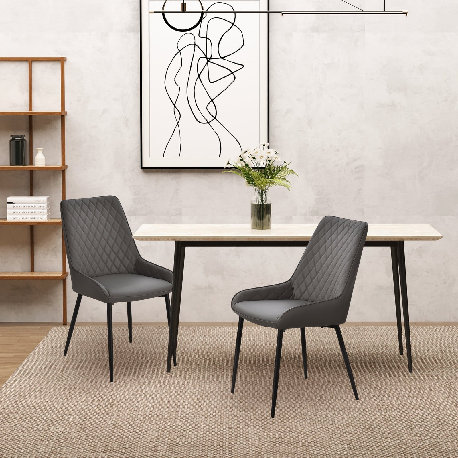 HOMCOM Set Of 2 Quilted PU Leather Dining Chairs with Metal Frame 4 Legs Foot Caps Home Seating Modern Stylish Executive Grey