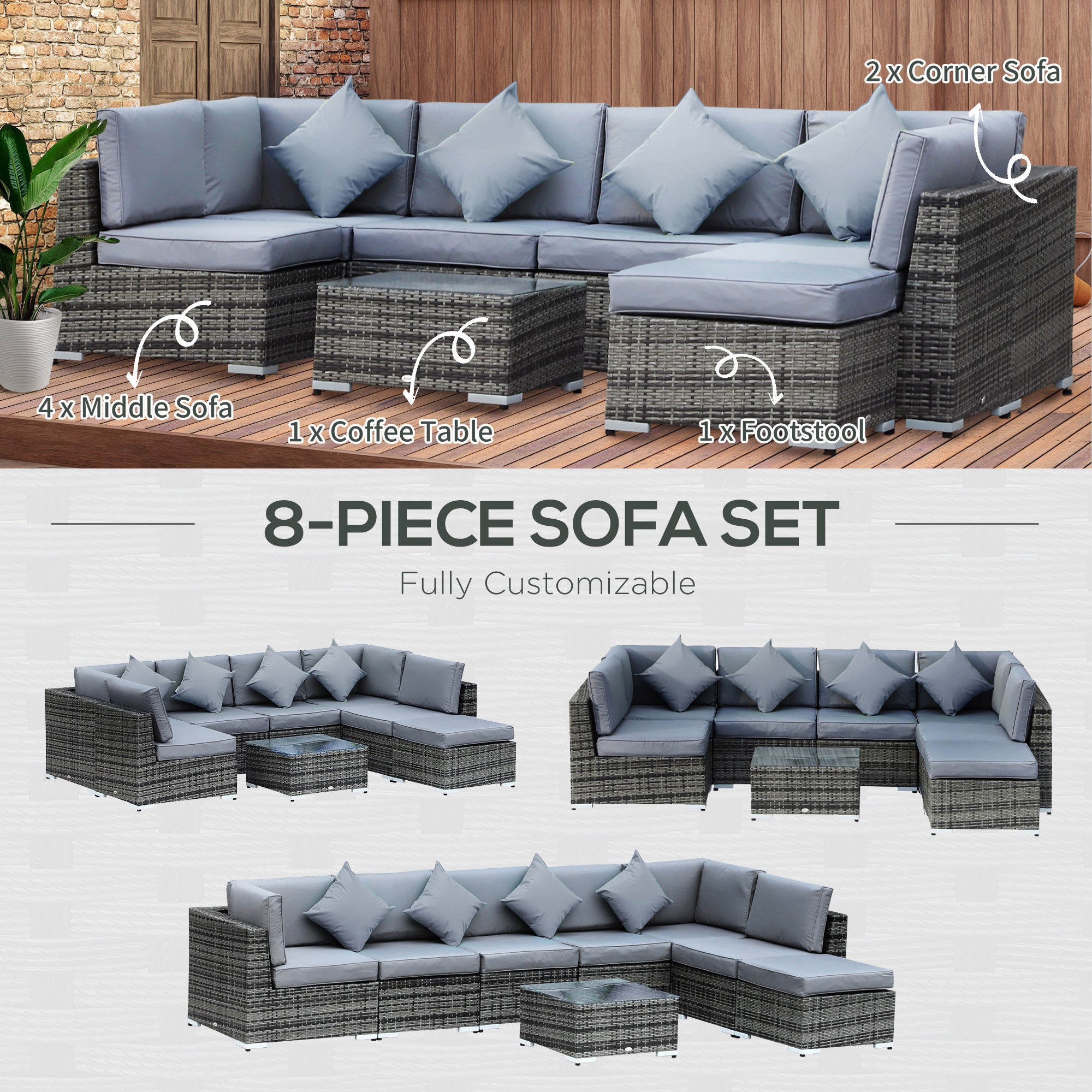 Outsunny 8 Piece Rattan Corner Sofa Set with Wide & Deep Seat, Assembled Aluminium PE Rattan Garden Furniture Set with Thick Cushions and Glass Top Table for Outdoor, Conservatory, Grey