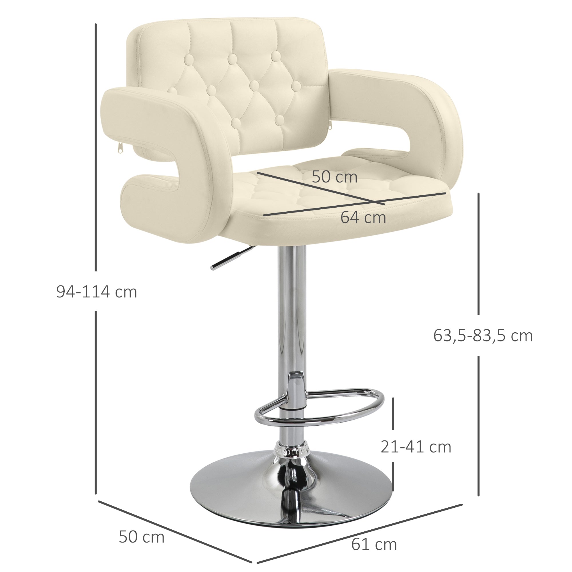 HOMCOM PU Leather Upholstered Swivel Bar Stool, Height Adjustable with Back, Armrest, Footrest, Beige