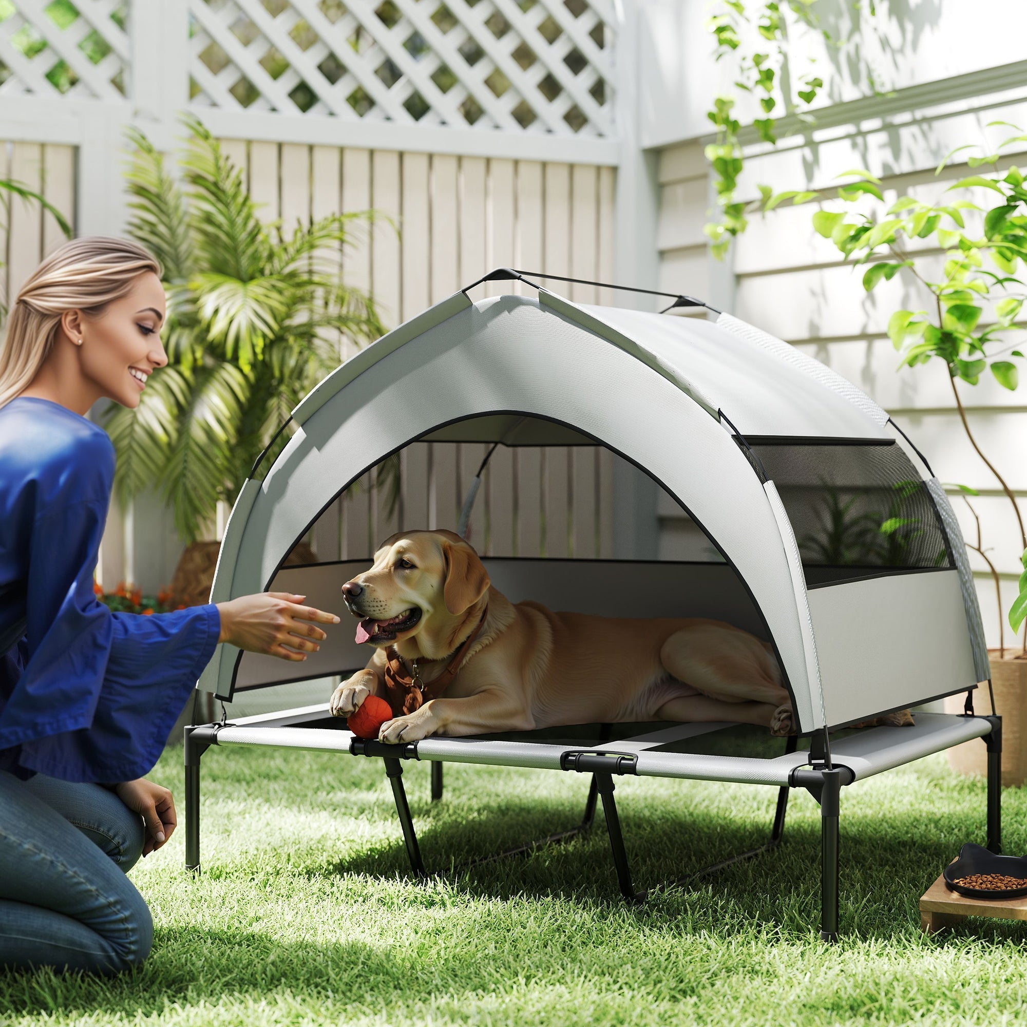 PawHut Portable Elevated Dog Bed with Removable Canopy, Cooling Raised Pet Cot for Large Dogs, 106 x 76 x 94 cm