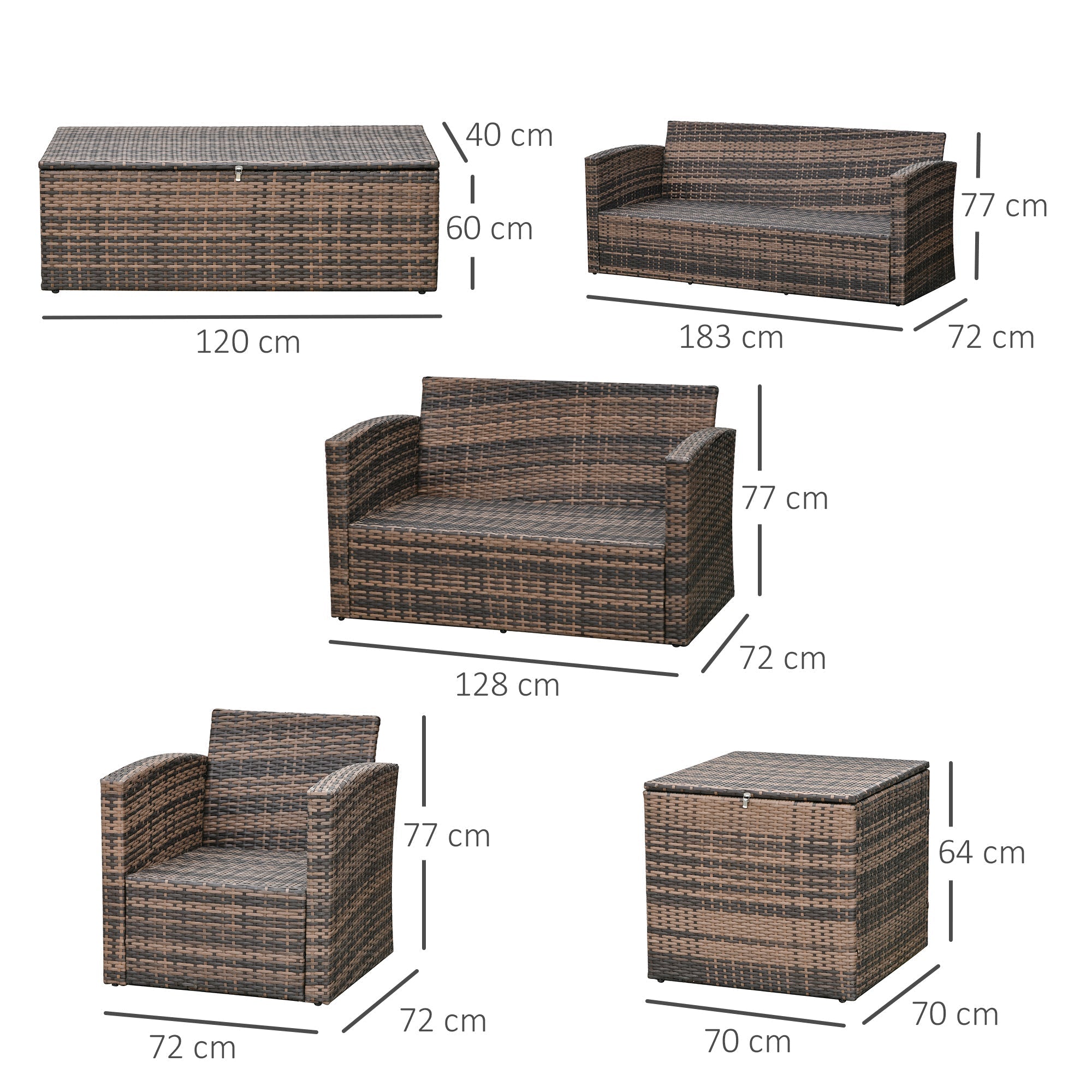 Outsunny 6 Pieces Rattan Garden Furniture Set, 7 Seater Wicker Outdoor Furniture Set with Storage Tea Table & Side Table, Sectional Garden Sofa Set with Cushions, Orange