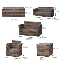 Outsunny 6 Pieces Rattan Garden Furniture Set, 7 Seater Wicker Outdoor Furniture Set with Storage Tea Table & Side Table, Sectional Garden Sofa Set with Cushions, Orange