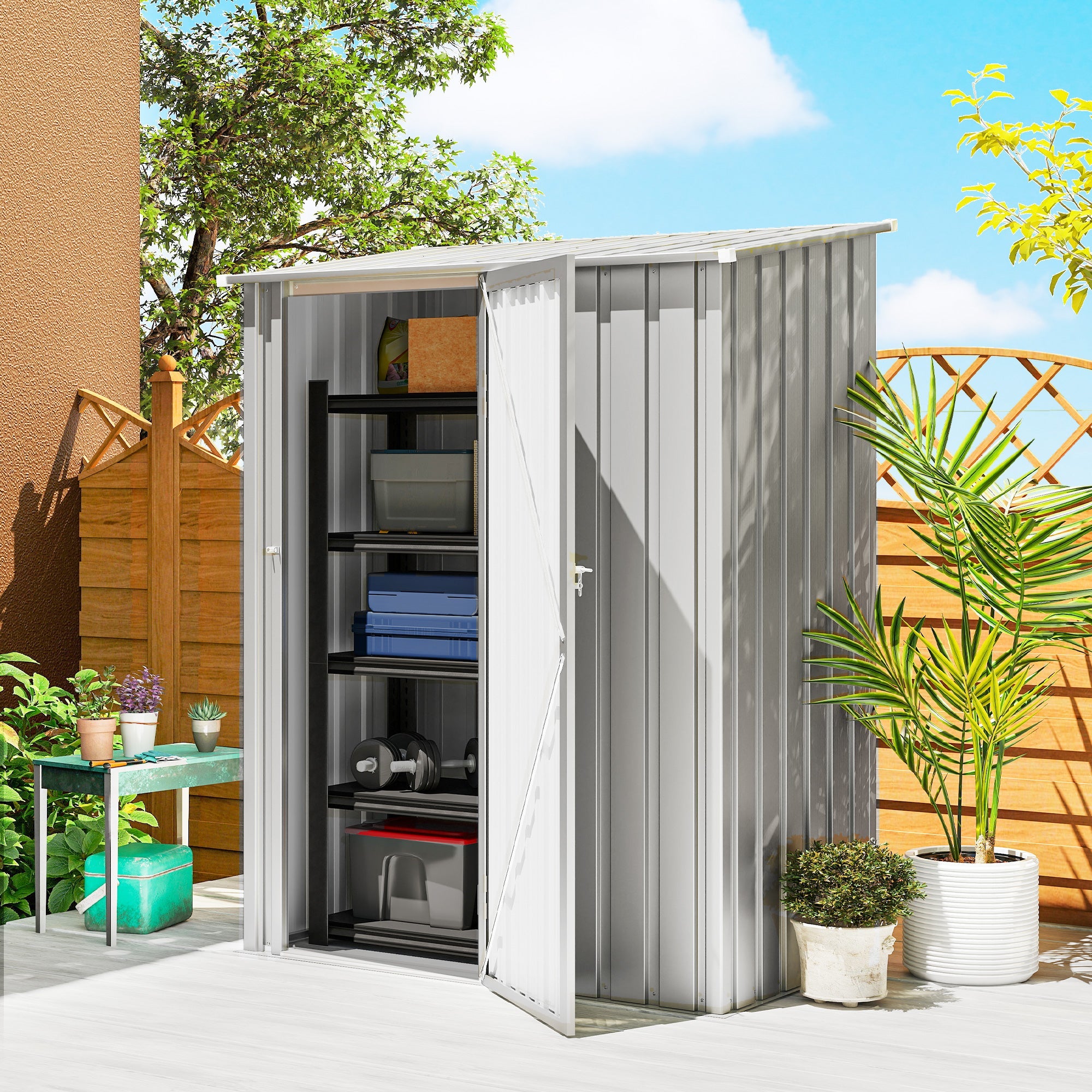 Outsunny 5ft x 3ft Garden Storage Shed, Outdoor Metal Shed with Sloped Roof, Aluminium Grey