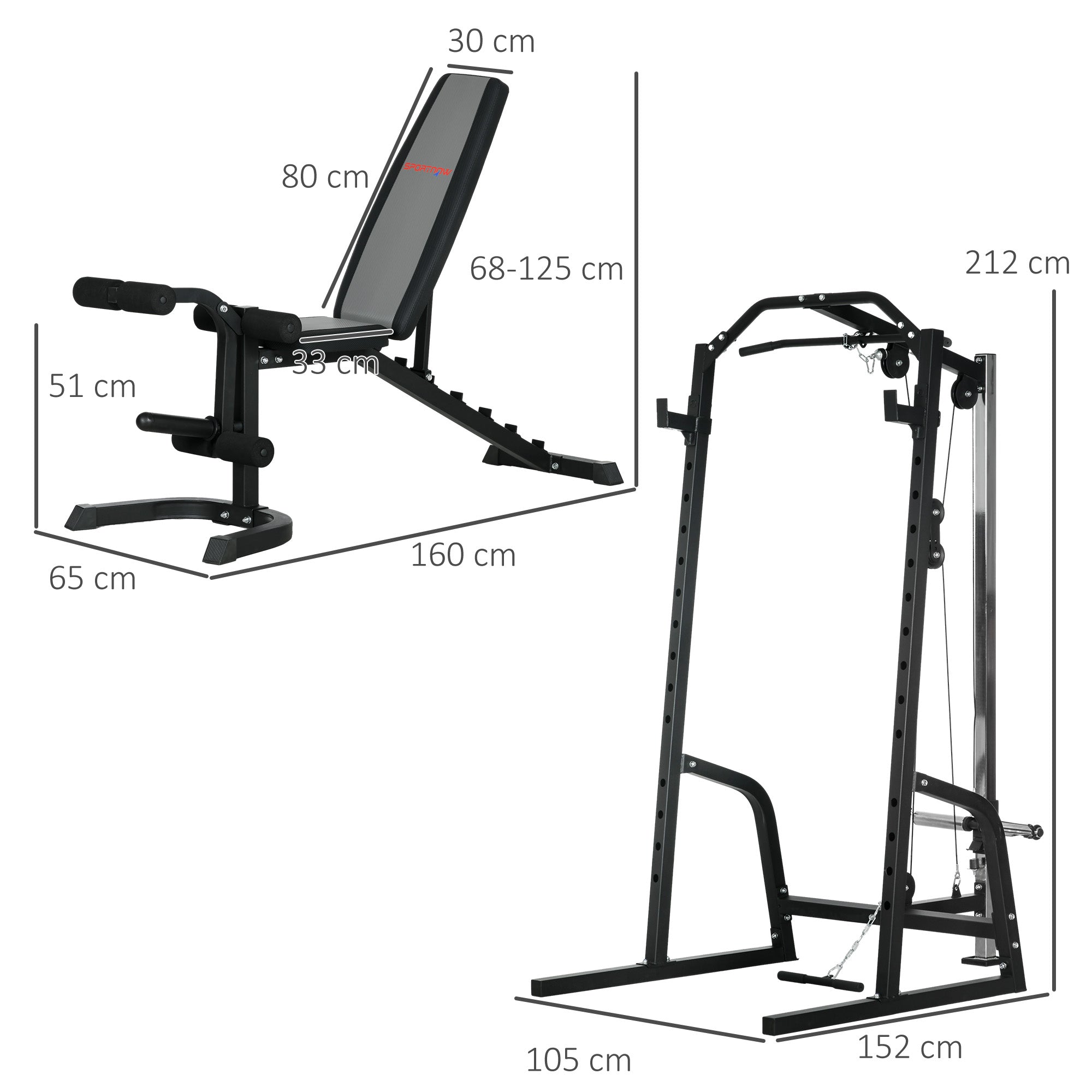 SPORTNOW Smith Machine & Cable Pulley System with Adjustable Weight Bench, Multifunction Home Gym Power Rack with Lat Pull Down System, Barbell Rack for Full Body Training, Black