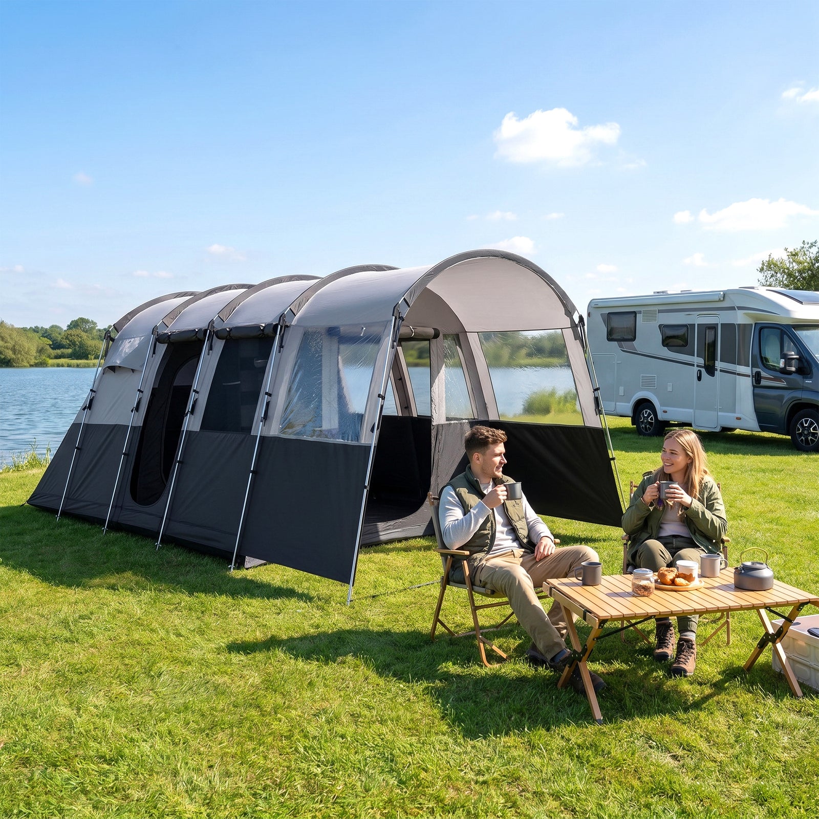 Outsunny 4 Person Camping Tent, Waterproof Family Tent, Tunnel Design, 4 Large Windows, Sleeping Cabins 3000mm Water Column Grey