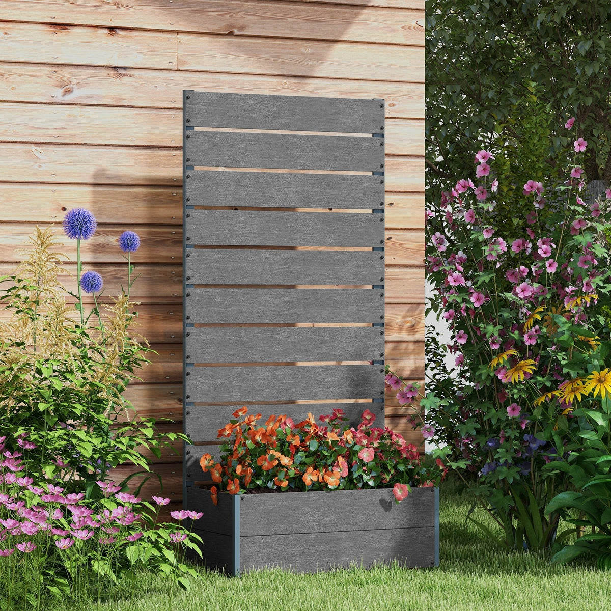 Outsunny Garden Planter with Trellis Wooden Planter for Garden & Patio Family Use, Grey