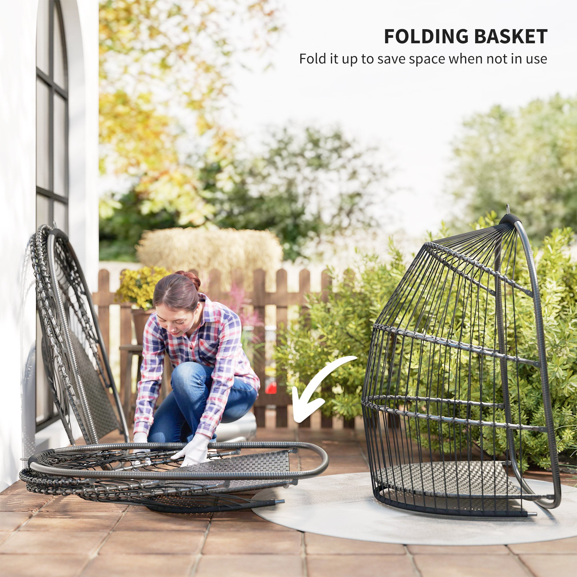 Outsunny Hanging Egg Chair, Foldable Rattan Garden Swing Chair with Installation Kit, Thickened Cushion and Headrest, Indoor Outdoor Hanging Egg Basket Seat for Patio, Porch, Dark Grey