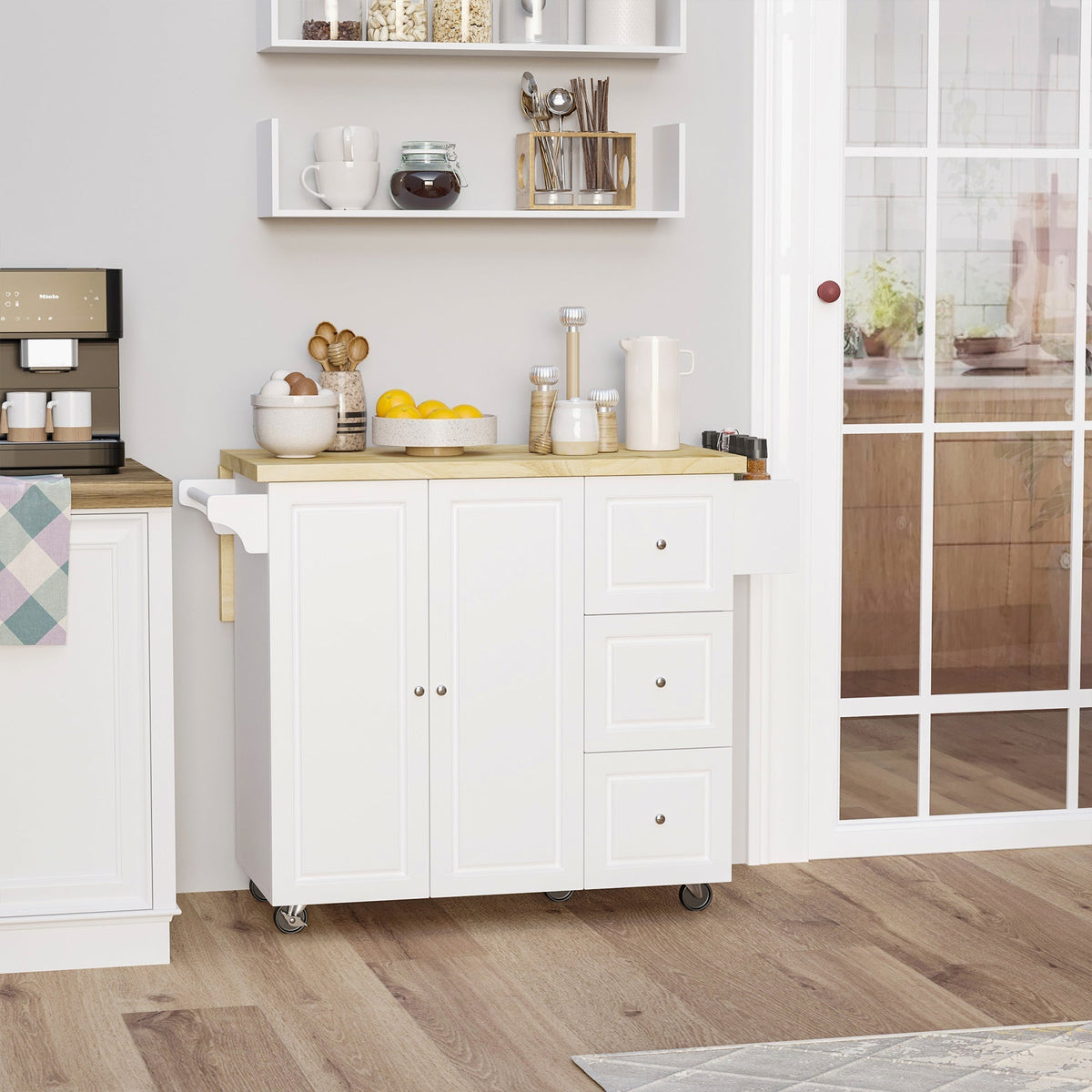 HOMCOM Drop-Leaf Kitchen Island on Wheels with Extendable Rubber Wood Worktop, Rolling Kitchen Storage Trolley, Utility Storage Cart with Drawers & Cabinet for Kitchen, Dining & Living Room, White