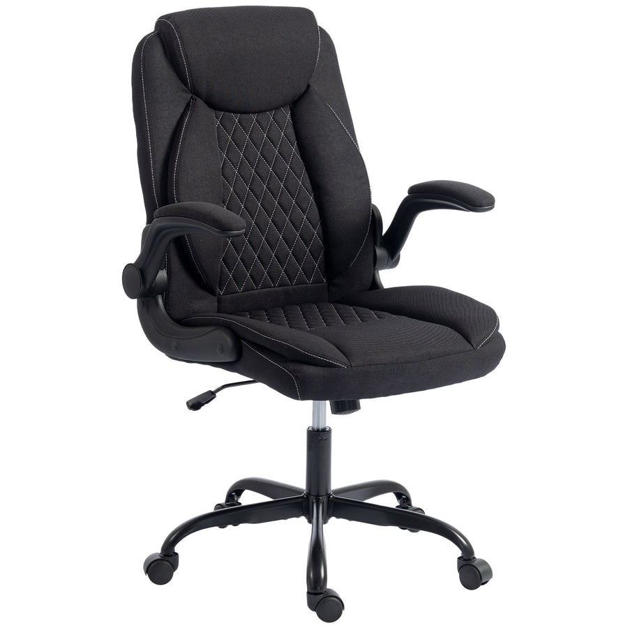 HOMCOM Linen-Look Computer Desk Chair, Executive Office Chair with Flip-Up Armrests and Thick Cushion, Black