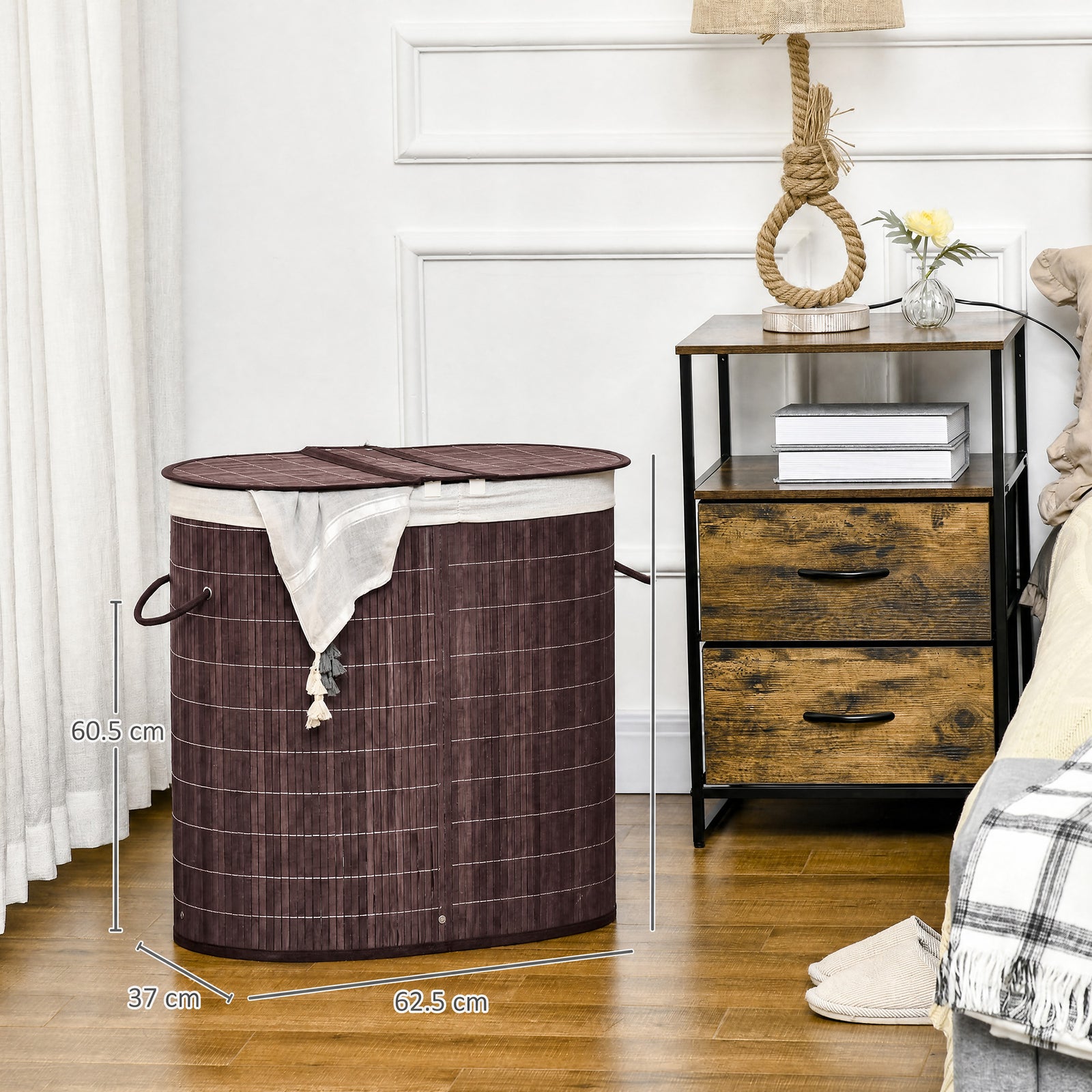 HOMCOM 100L Bamboo Laundry Basket with Lid, Washing Basket with 2 Compartments, Handles, Removable Liner, Brown