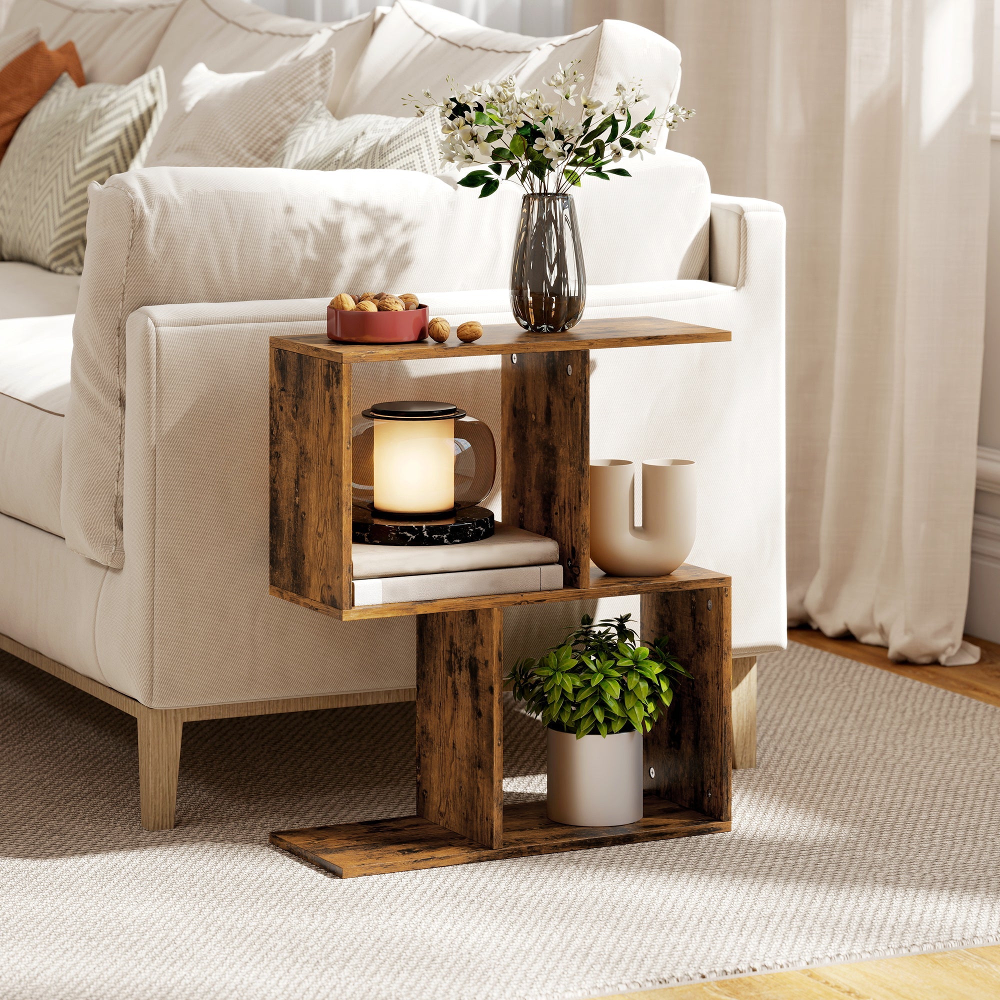 HOMCOM Side Table, Narrow End Table with Storage Shelves, S-Shaped, 3-Tier, 50W x 19.5D x 58H cm, Rustic Brown