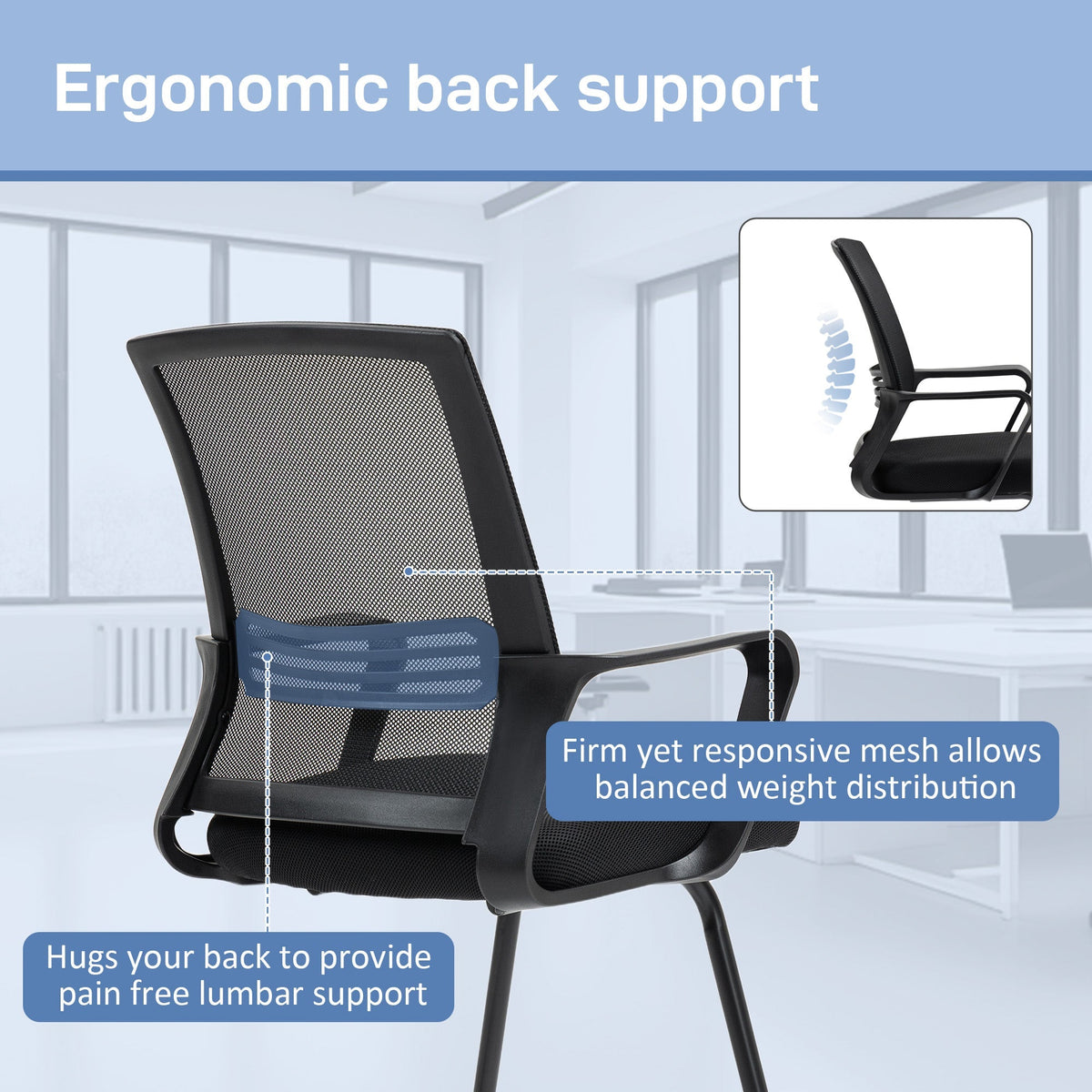 HOMCOM Ergonomic Desk Chair No Wheels, Padded Meeting Office Chair with Sled Base for Home Conference Room, Bedroom, Waiting, Reception, Black