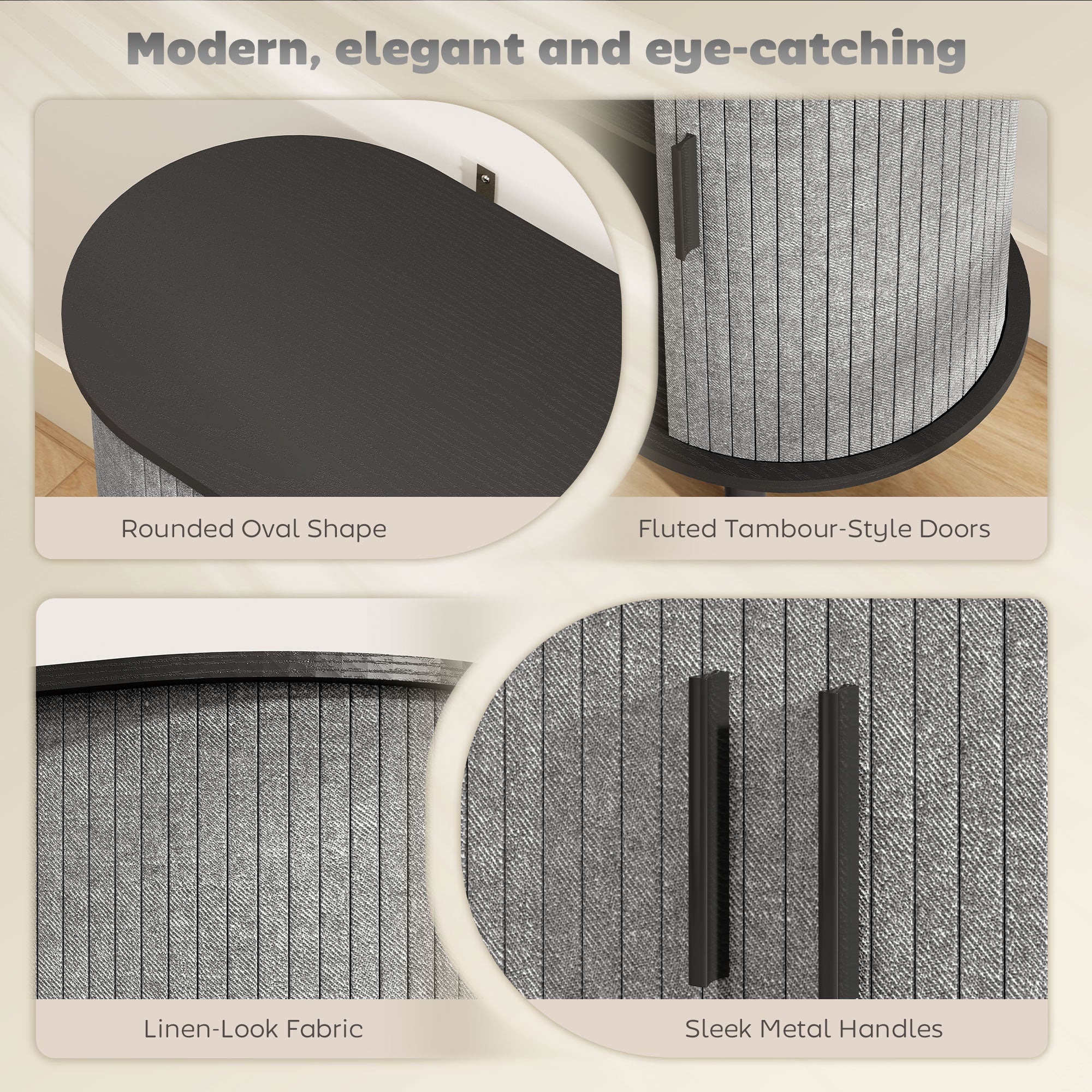 HOMCOM Tambour Sideboard with Fluted Sliding Doors, Modern Kitchen Cupboard with Storage Shelves and Wooden Legs, Grey