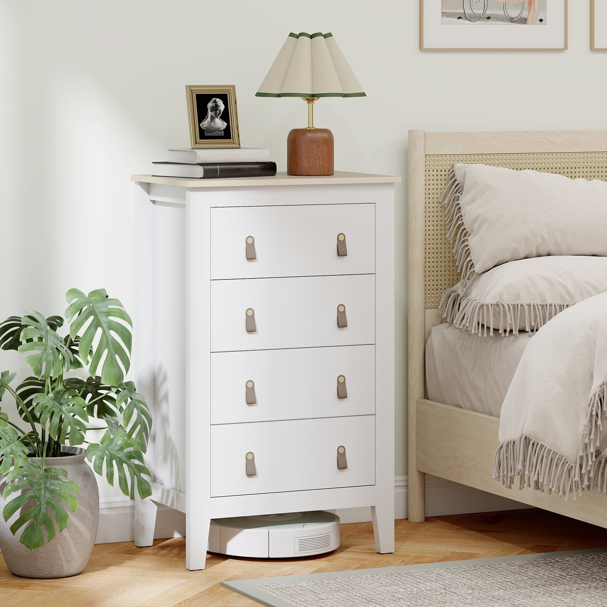 HOMCOM Bedroom Chest of Drawers, Modern 4 Drawer Dresser Cabinet with PU Leather Handles and Metal Runners for Living Room, Hallway, Entryway, White