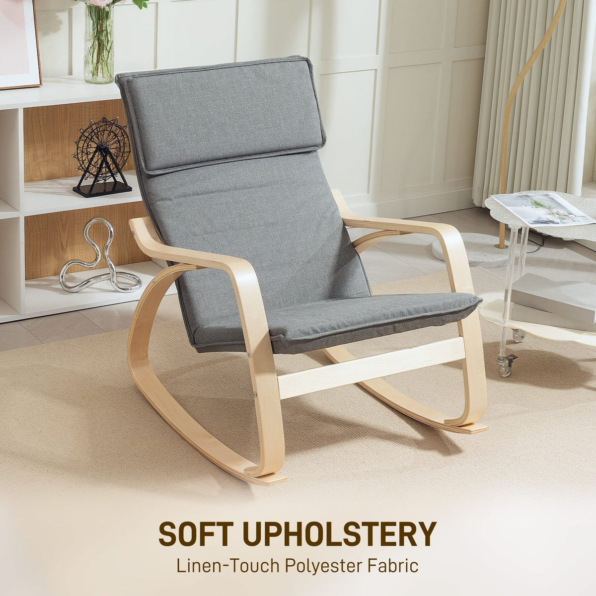 HOMCOM Comfortable Relax Rocking Chair, Upholstered Lounge Chair Recliner with High Back and Headrest for Living Room, Bedroom, Grey
