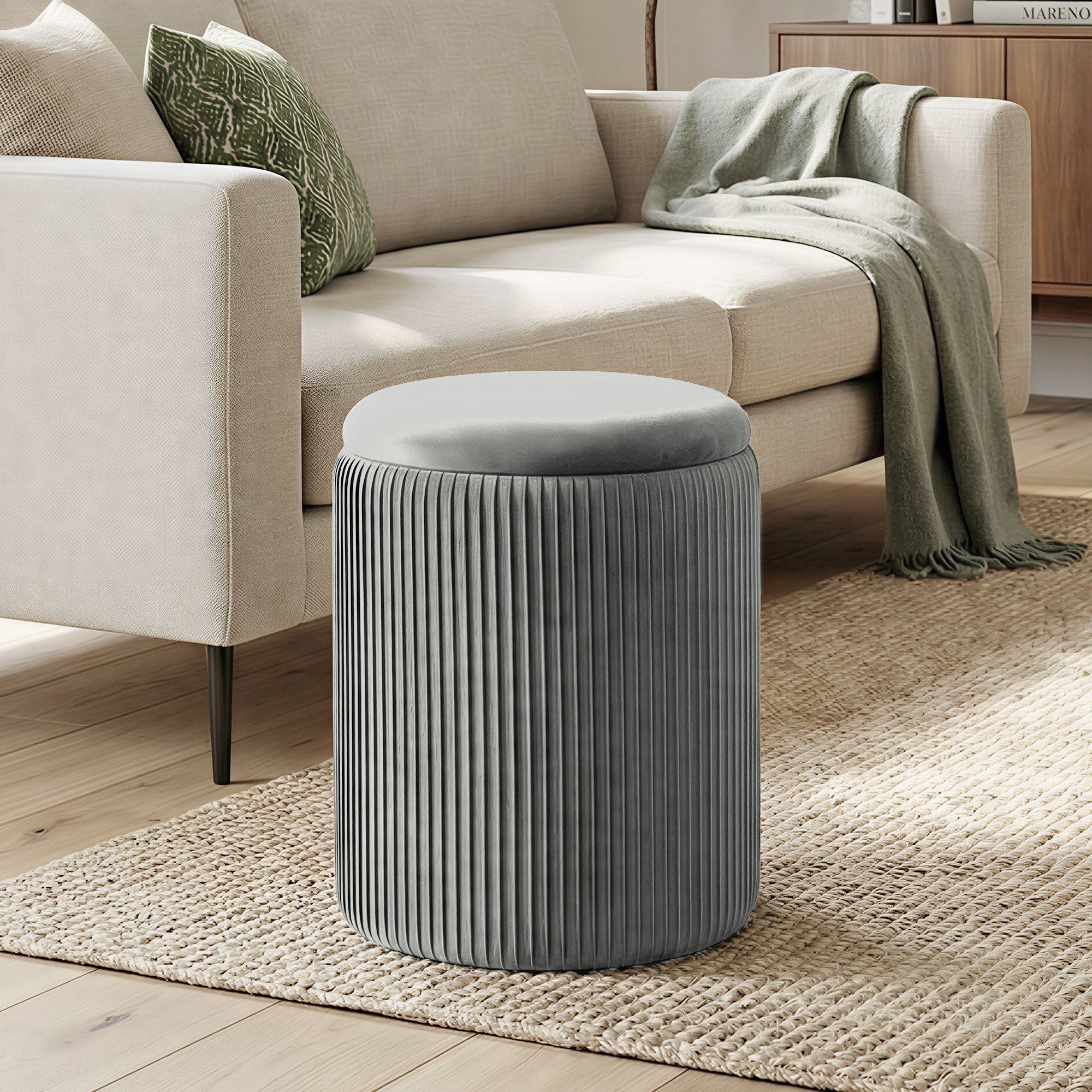 HOMCOM Storage Ottoman Modern Velvet Round Foot Stool for Living Room Bedroom 45 cm Grey