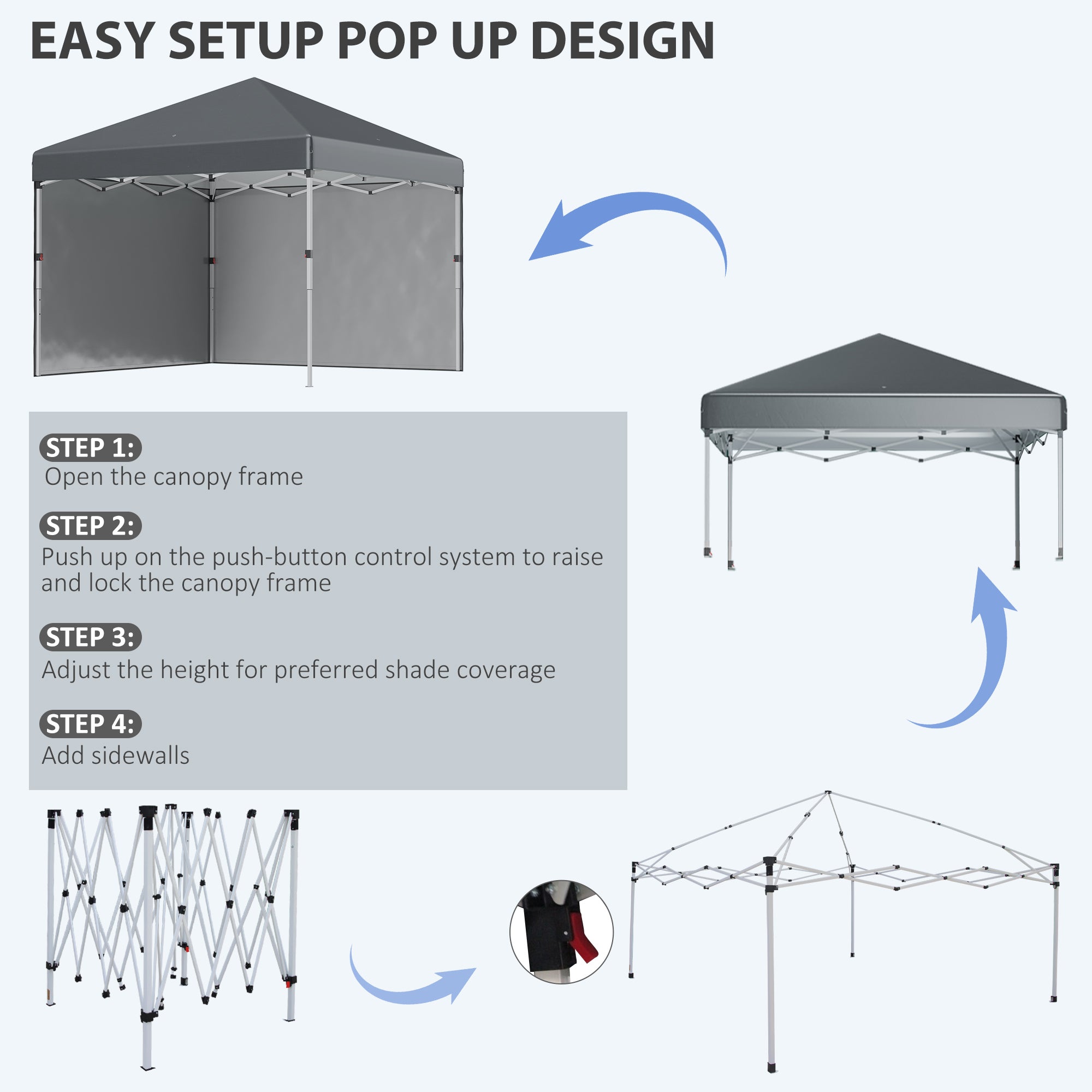 Outsunny 3 x 3 (M) Pop Up Gazebo, UPF 30+ with 2 Sidewalls, Leg Weight Bags and Wheeled Bag, Height Adjustable Party Tent Event Shelter for Garden, Patio, Dark Grey