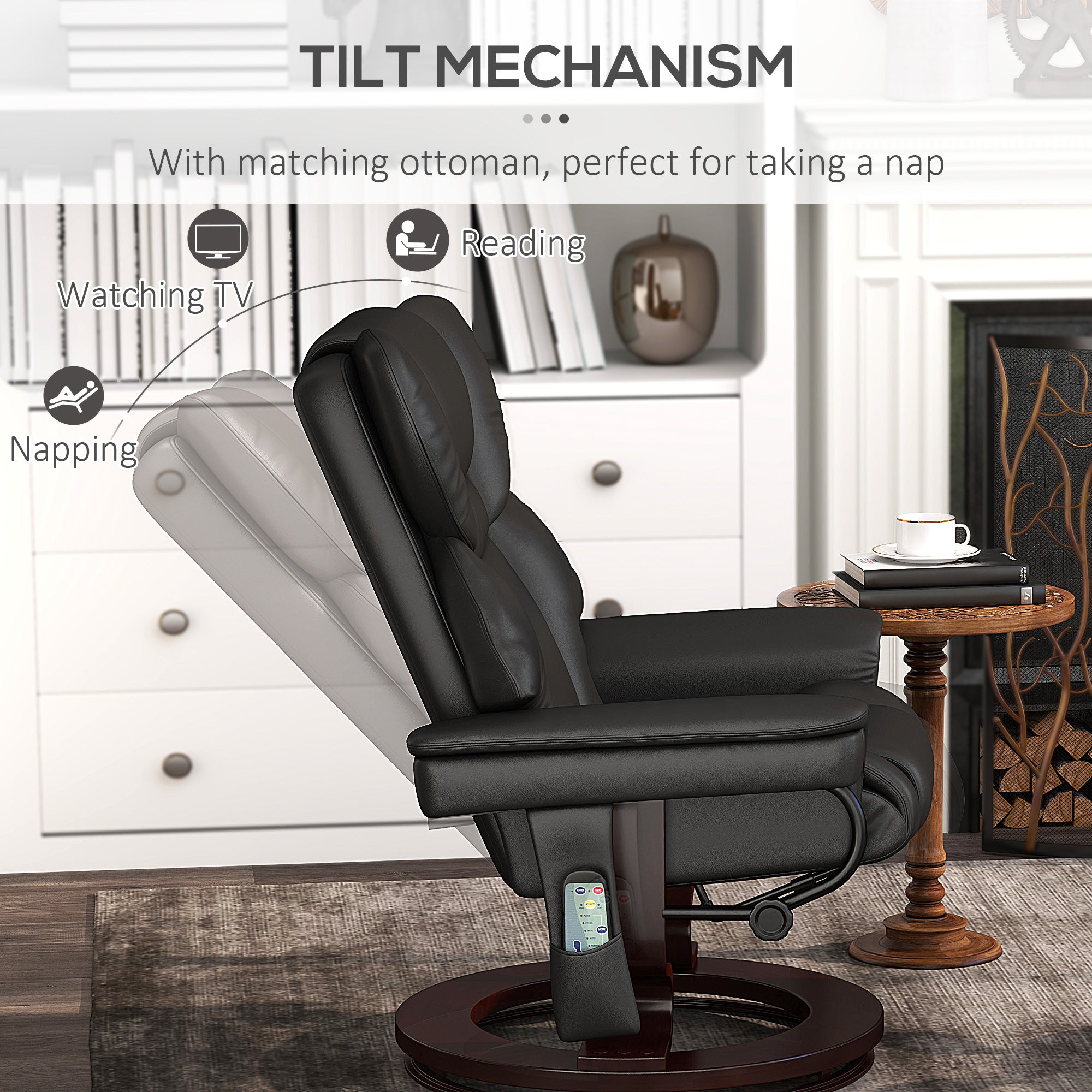 HOMCOM Massage Recliner Chair with Footstool, Upholstered Reclining Armchair with Adjustable Backrest, Steel Frame and Wood Base, Swivel Chair for Living Room, Bedroom, Black