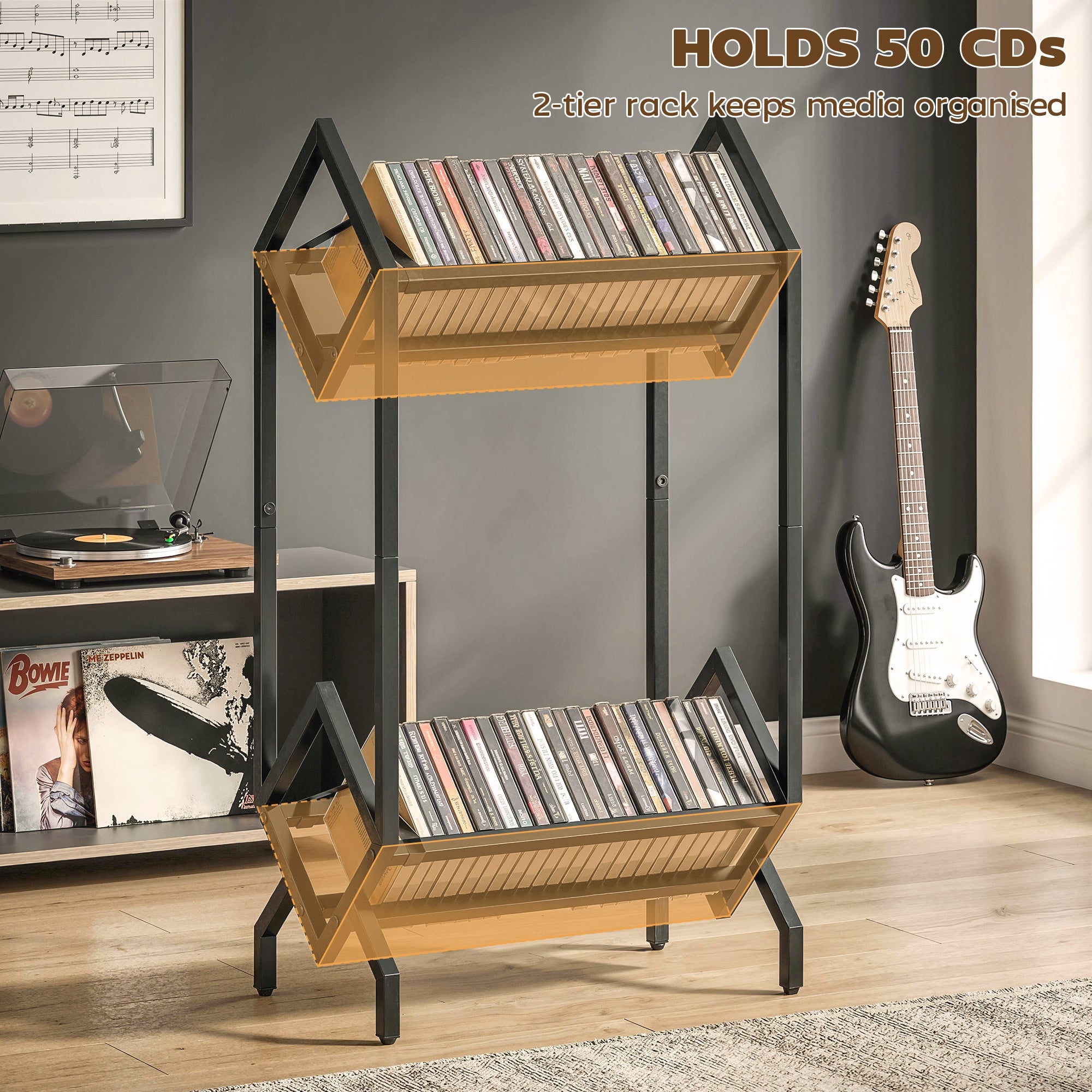 HOMCOM 50 CD Storage Rack, 2-Tier Metal CD Storage Unit, Free Standing, Easy to Assemble, Black