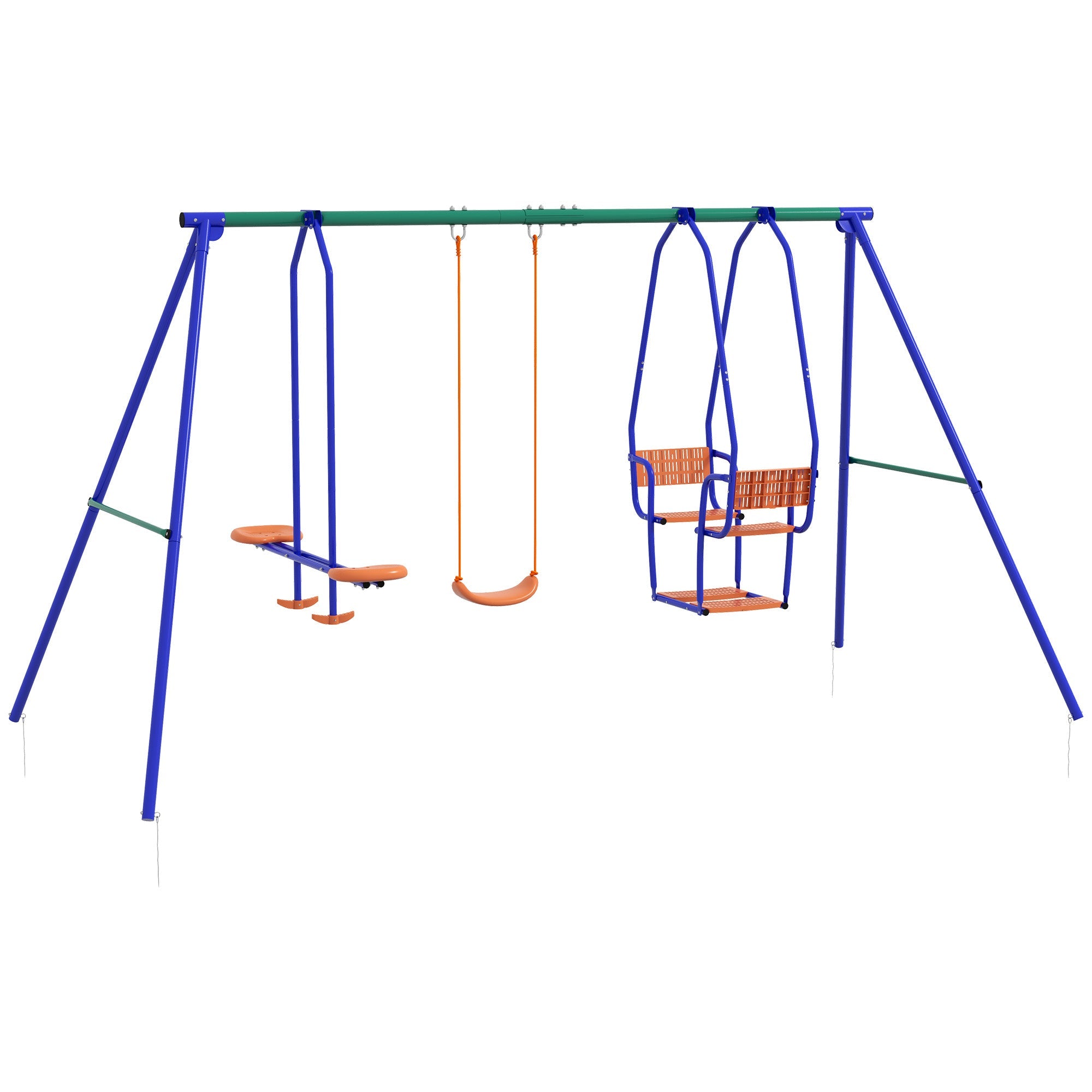 Outsunny Three-In-One Kids Metal Swing Set with Swing, Glider, Rocking Chair Swing, for Ages 3+ years - Orange and Blue