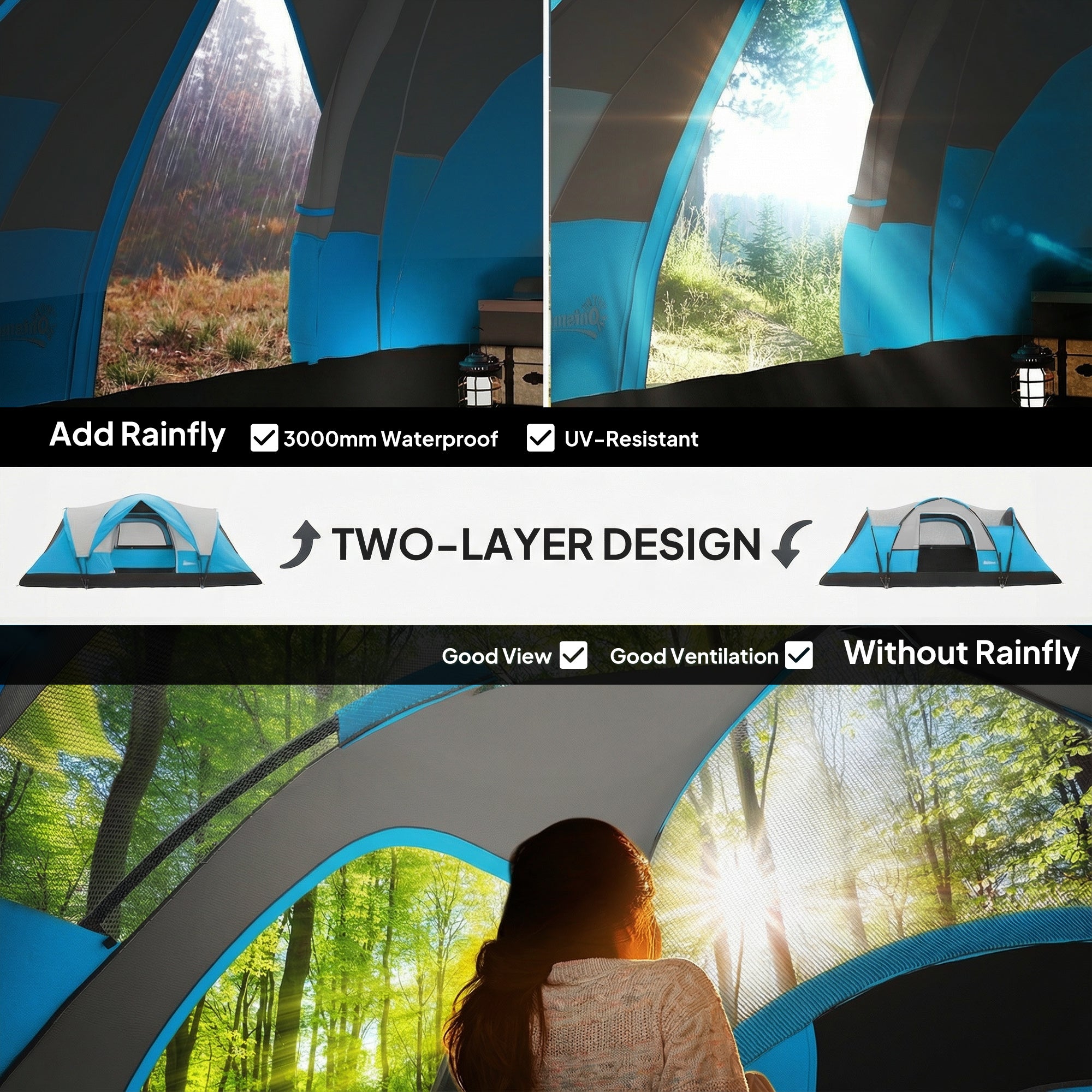 Outsunny 5-6 Man Camping Tent, Tunnel Tent, Water Resistant Hiking Shelter with Groundsheet and Carry Bag, Light Blue