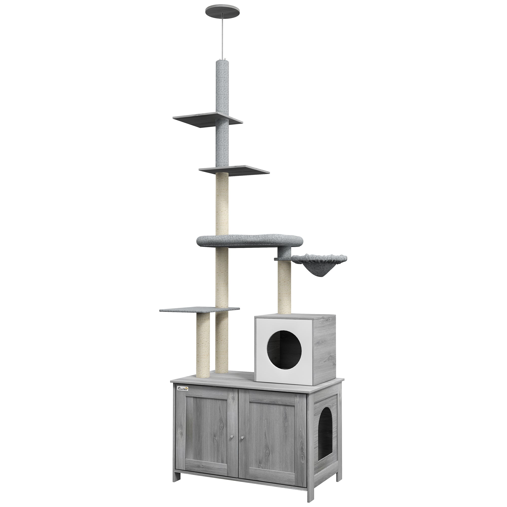 PawHut 2-in-1 Floor-To-Ceiling Cat Tree with Hidden Litter Box, for Indoor Use - Grey