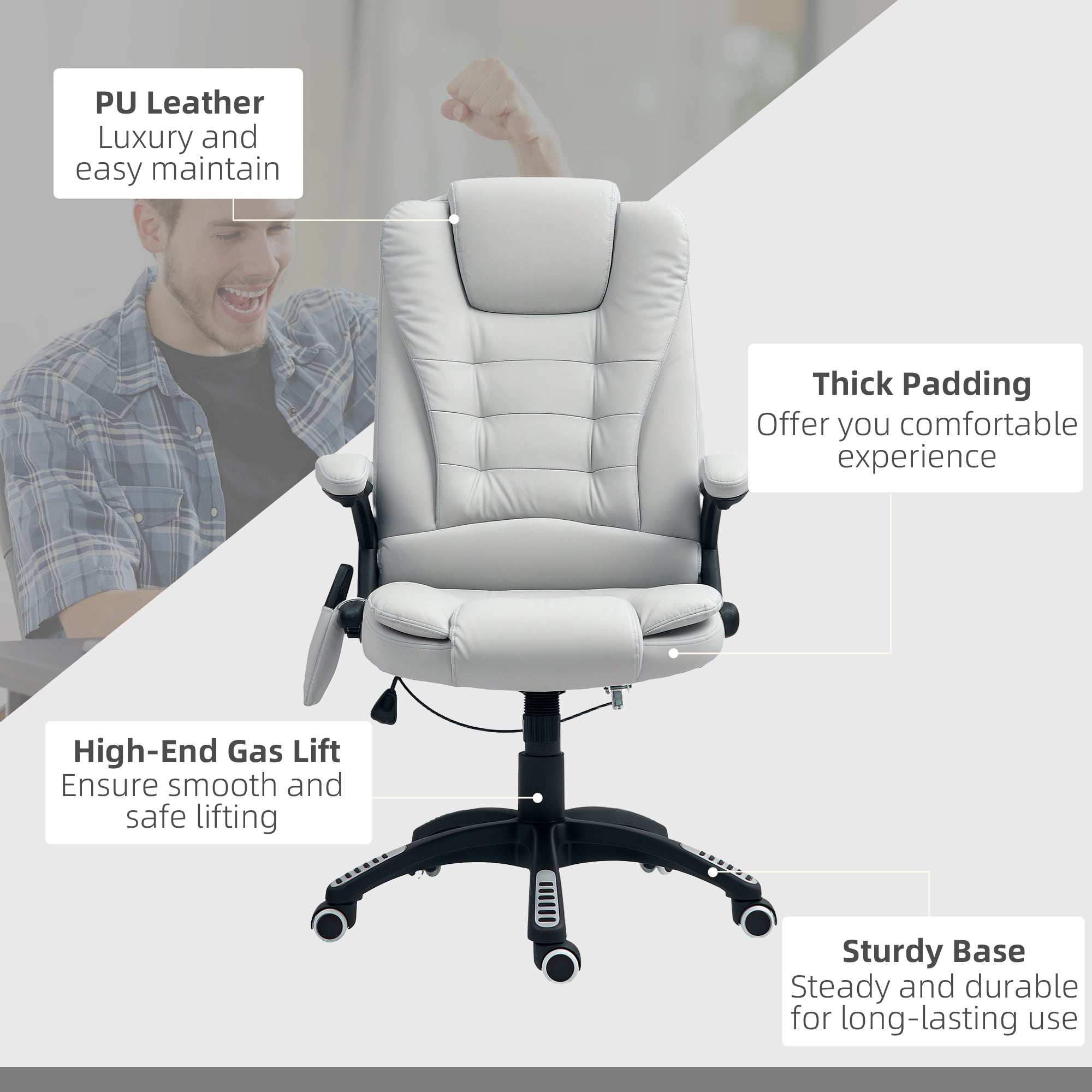 HOMCOM 6-Point Massage Office Chair with Seat Heated for Home Office, PU Leather High Back Executive Desk Chair with Adjustable Height and 360√Ç¬∞ Swivel for Work Study, Light Grey