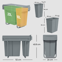HOMCOM 2 Removable Recycling, ContaineUnder-Sink Kitchen Trash Bin, Smooth Slide, Handle, Diamond Pattern Lid, Grey