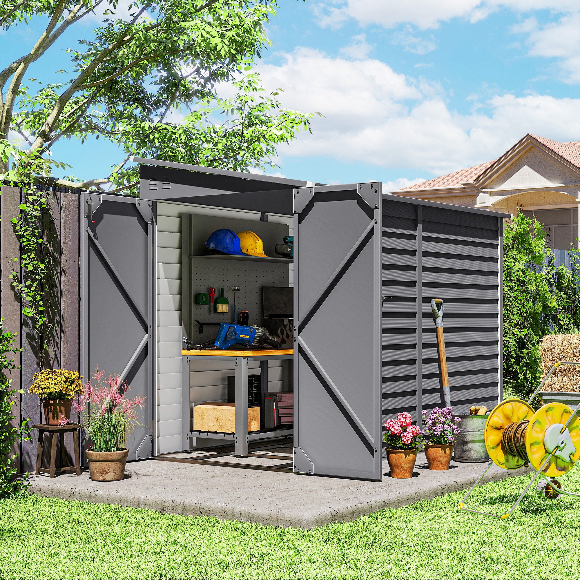 Outsunny 5 x 9ft Galvanised Metal Garden Shed with Foundation Kit, Outdoor Lean-to Shed, Tool Storage House with Lockable Doors, Gloves and 2 Air Vents for Patio, Garden, Grey
