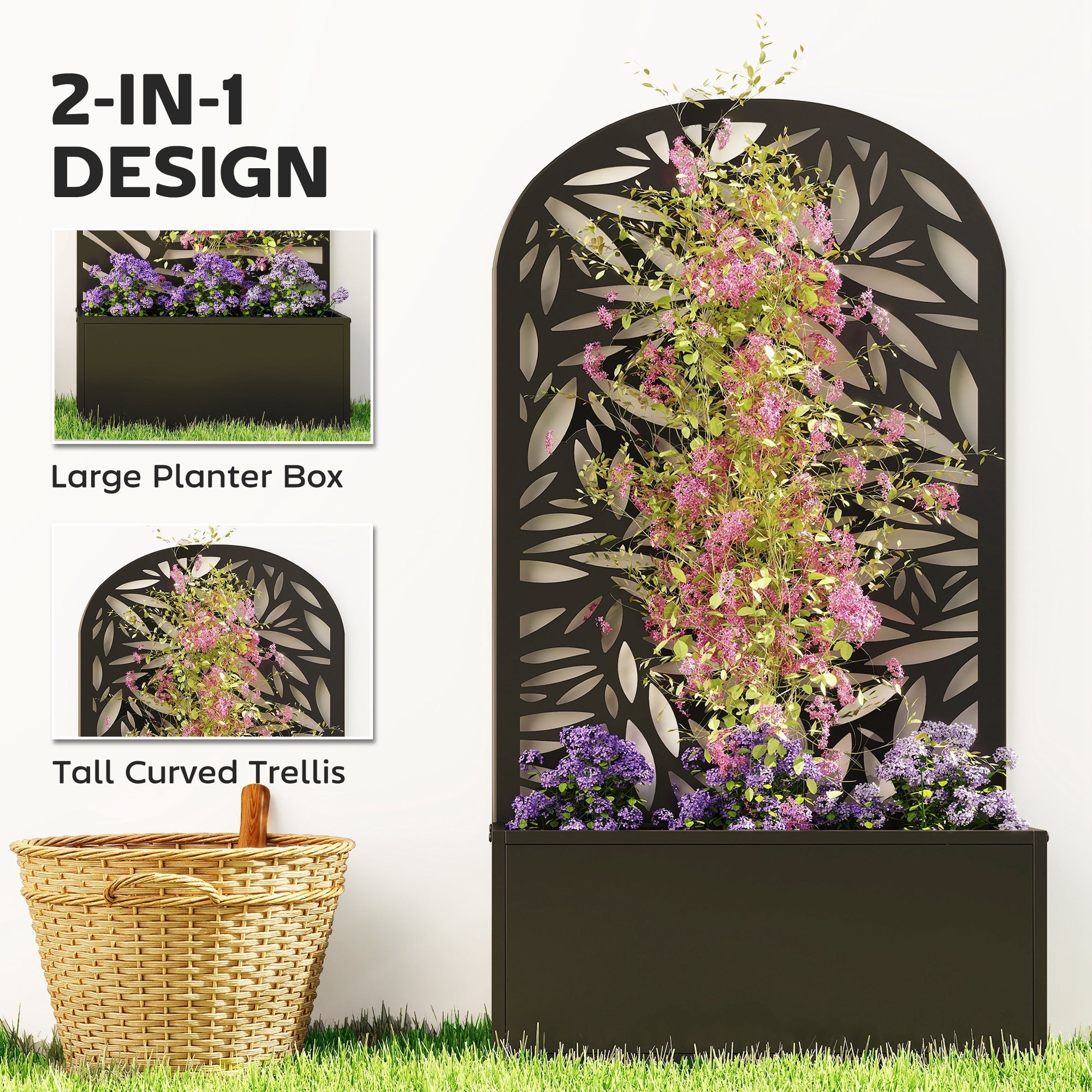 Outsunny Metal Garden Bed for Garden with Trellis, Wall Mounted or Freestanding Raised Planter with Curved Privacy Screen