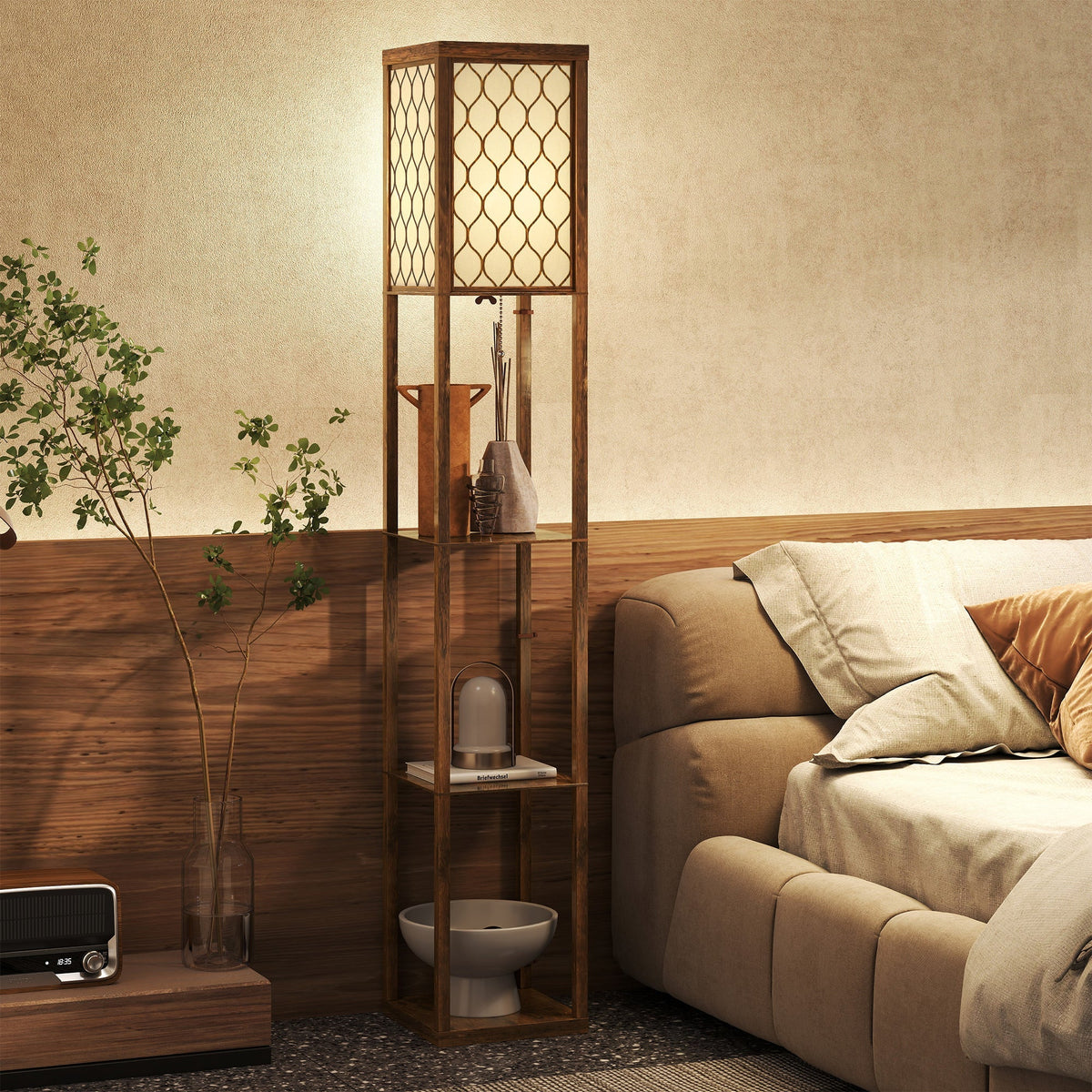 HOMCOM Three-Shelf Standing Lamp - Rustic Brown/White