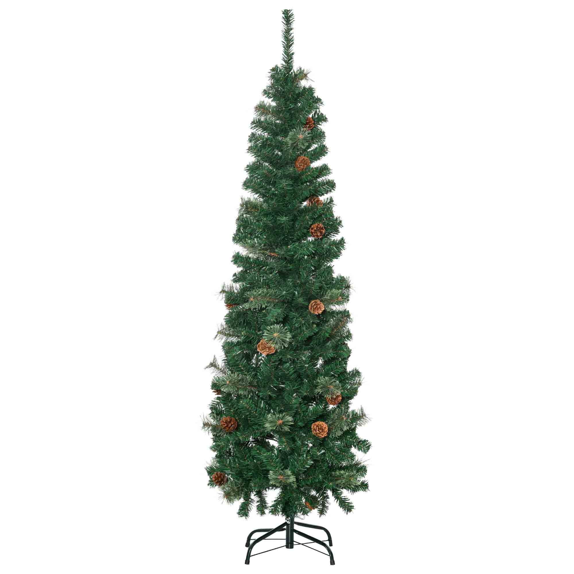 HOMCOM 5.5FT Tall√Ç Pencil Slim Artificial Christmas Tree with√Ç Realistic√Ç Branches, Tip Count and Pine Cones, Pine Needles Tree, Xmas√Ç Decoration, Green