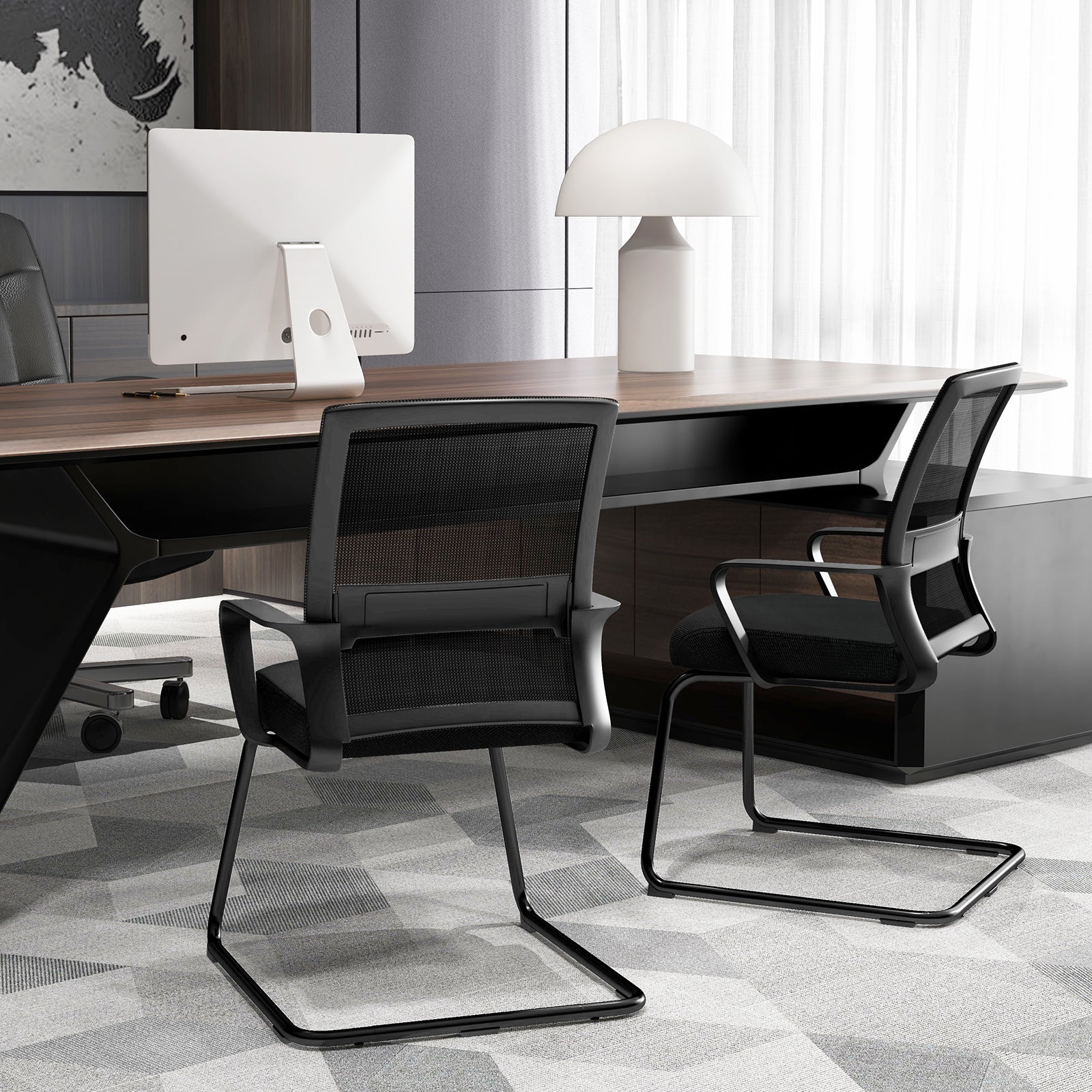 Conference Reception Chair with Lumbar Support and Sled Base-Black