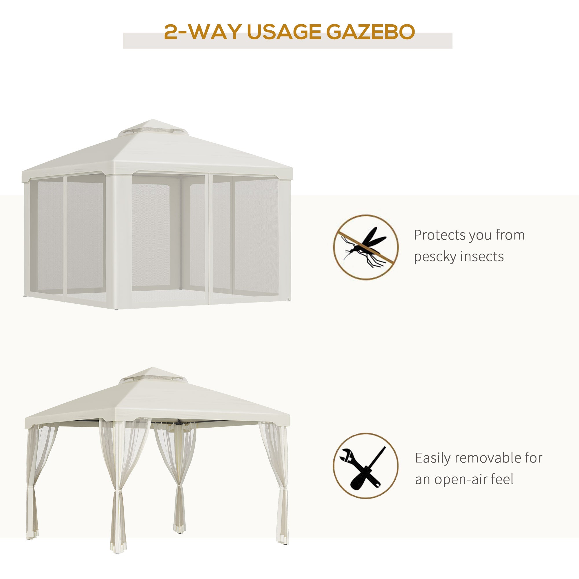 Outsunny 3 x 3 m Metal Gazebo, Garden Pavillion, Double√Ç Roof Outdoor Canopy Shelter with Mesh Sidewalls, Cream White
