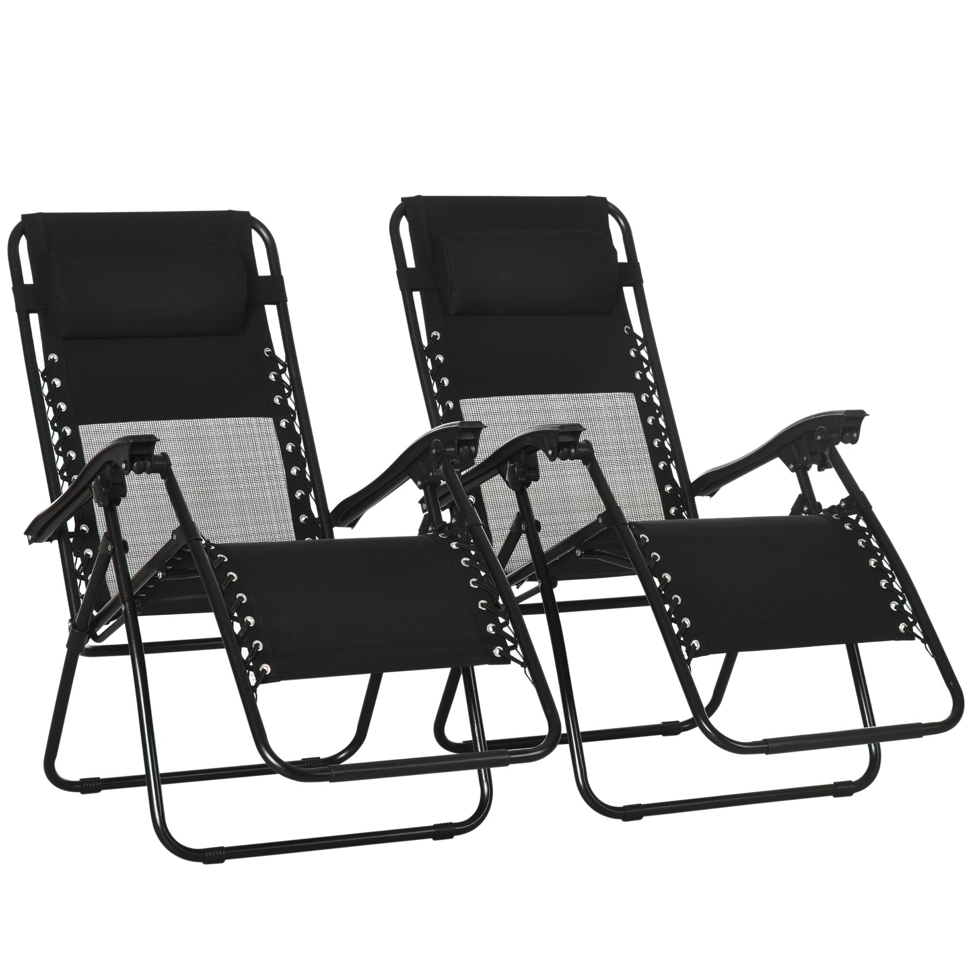 Outsunny Garden Recliner Chairs Set of 2, Outdoor Foldable Zero Gravity Chairs Set w/ Footstool and Detachable Headrest, Black