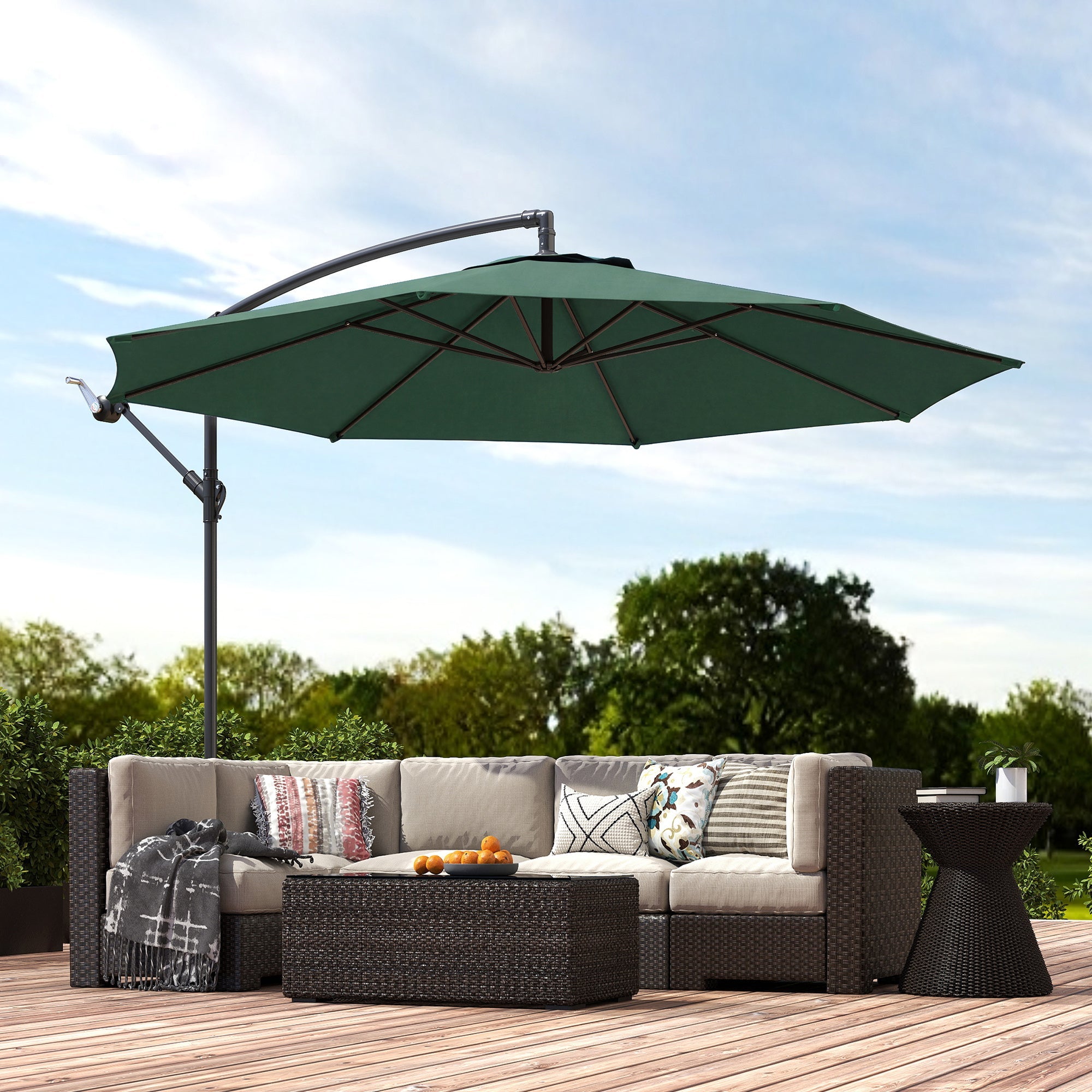 Outsunny 3 m Overhanging Cantilever Parasol, with Cross Base - Dark Green