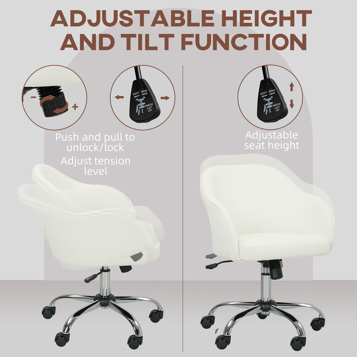 HOMCOM 46-56 cm Velvet-feel Office Chair - Cream