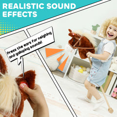 AIYAPLAY Stick Horse with Wood Wheels, Real Pony Neighing and Galloping Sounds, Grip Handle, 95 cm, Brown