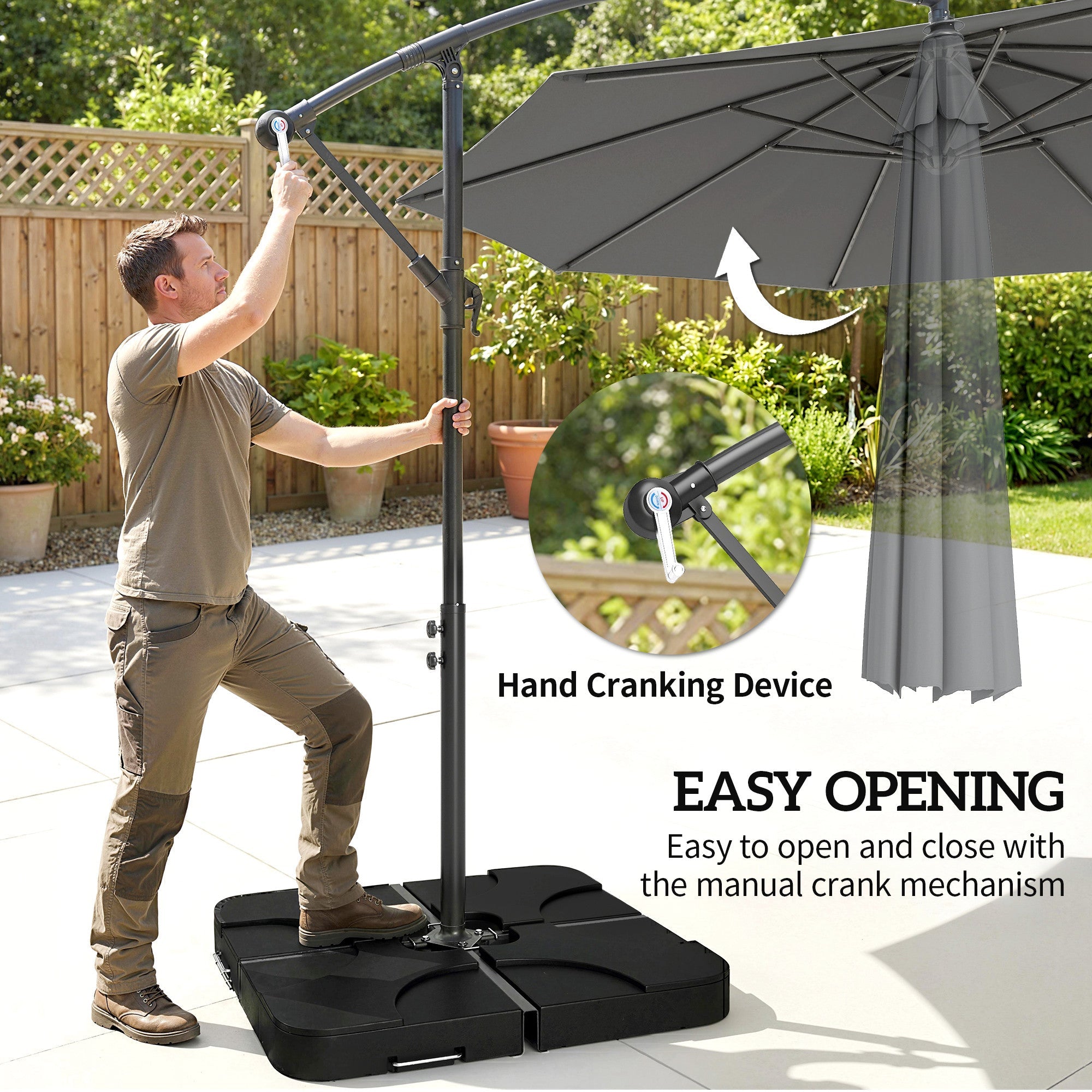 Outsunny 3m Overhanging Parasol, with Base, Weights and Cover - Dark Grey