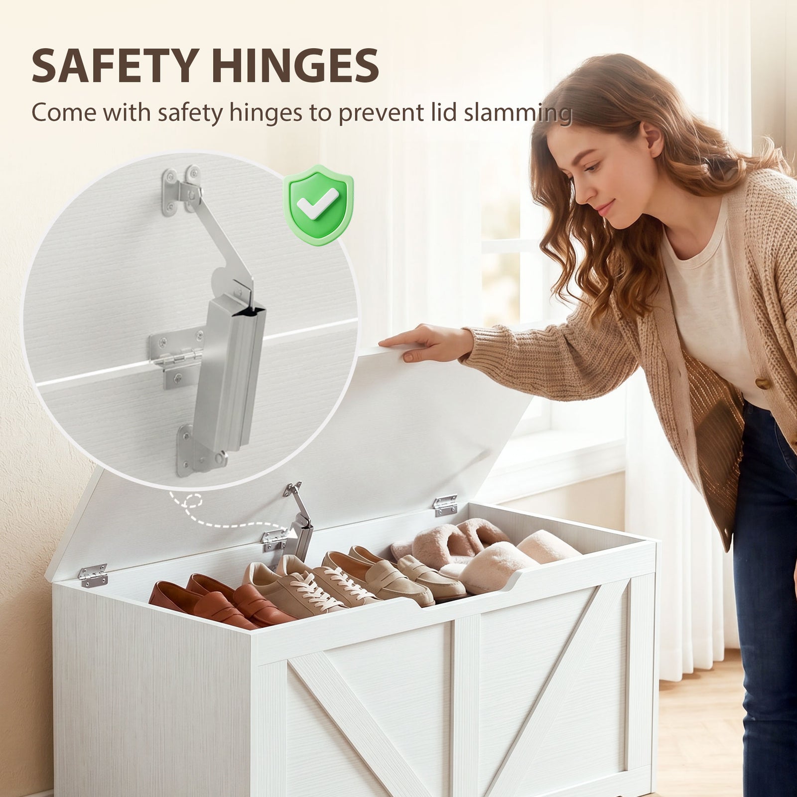 HOMCOM 100L Home Storage Box, with Safety Hinge - White Wood-Effect