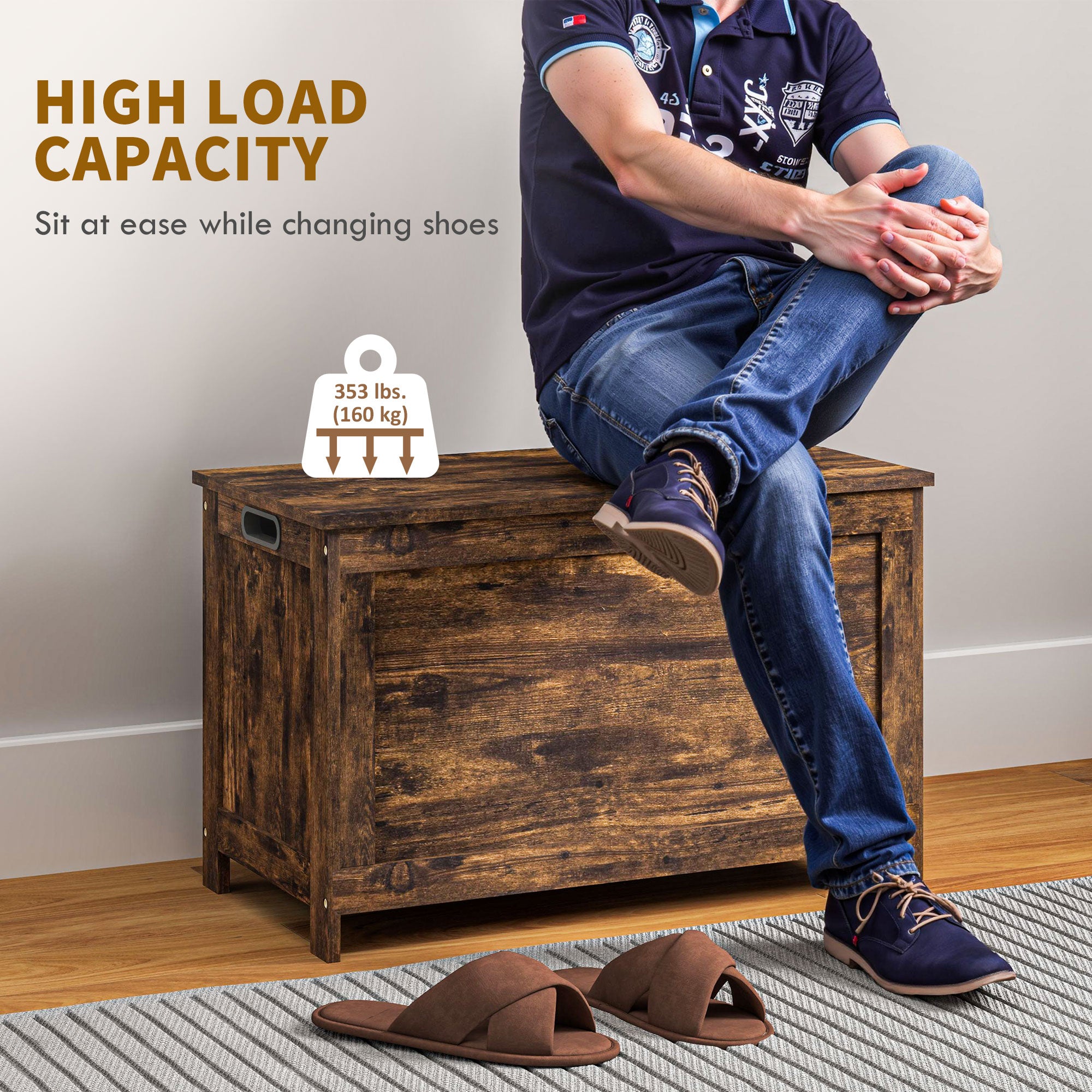 HOMCOM Storage Chest, Modern Storage Trunk with 2 Safety Hinges and Cut-out Handles, Wooden Toy Box for Living Room, Entryway, 76 x 40 x 48 cm, Rustic Brown