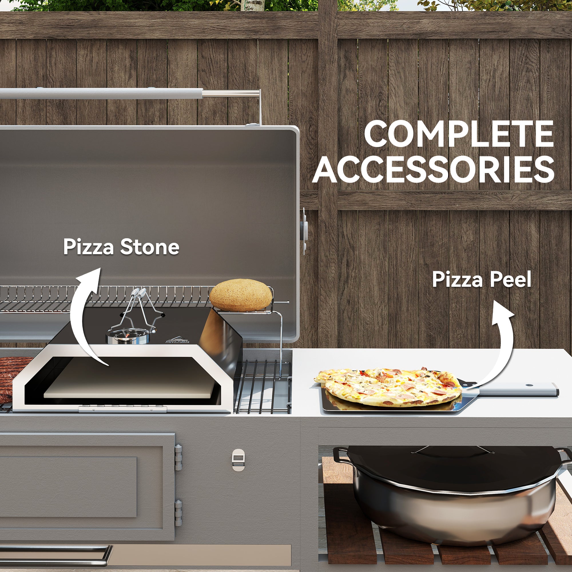 Outsunny 8 in Portable Stainless Steel BBQ Grill Top Pizza Oven with Built-in Thermometer and Viewing Window for Gas and Charcoal BBQ Grills, Includes Carry Handles, Pizza Stone and Peel, Silver Tone