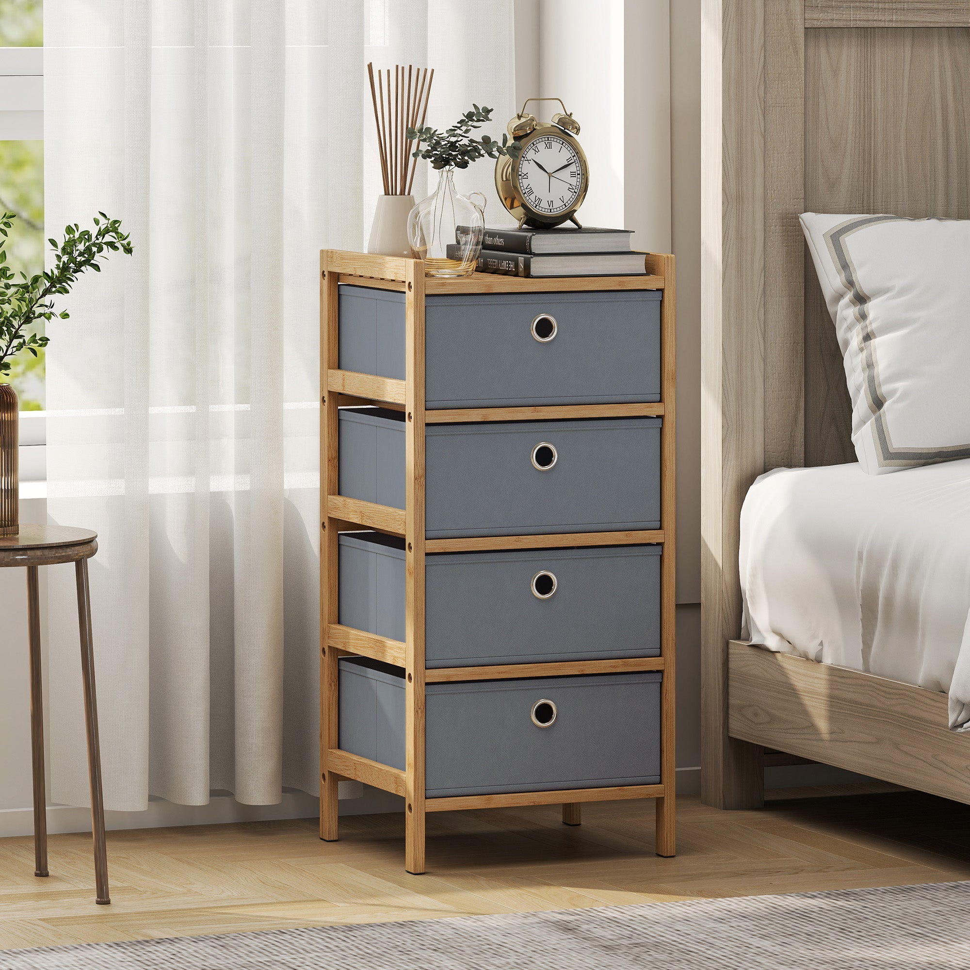 HOMCOM Chest of Drawers, 4 Fabric Drawers Narrow Dresser with Bamboo Frame, Light Grey