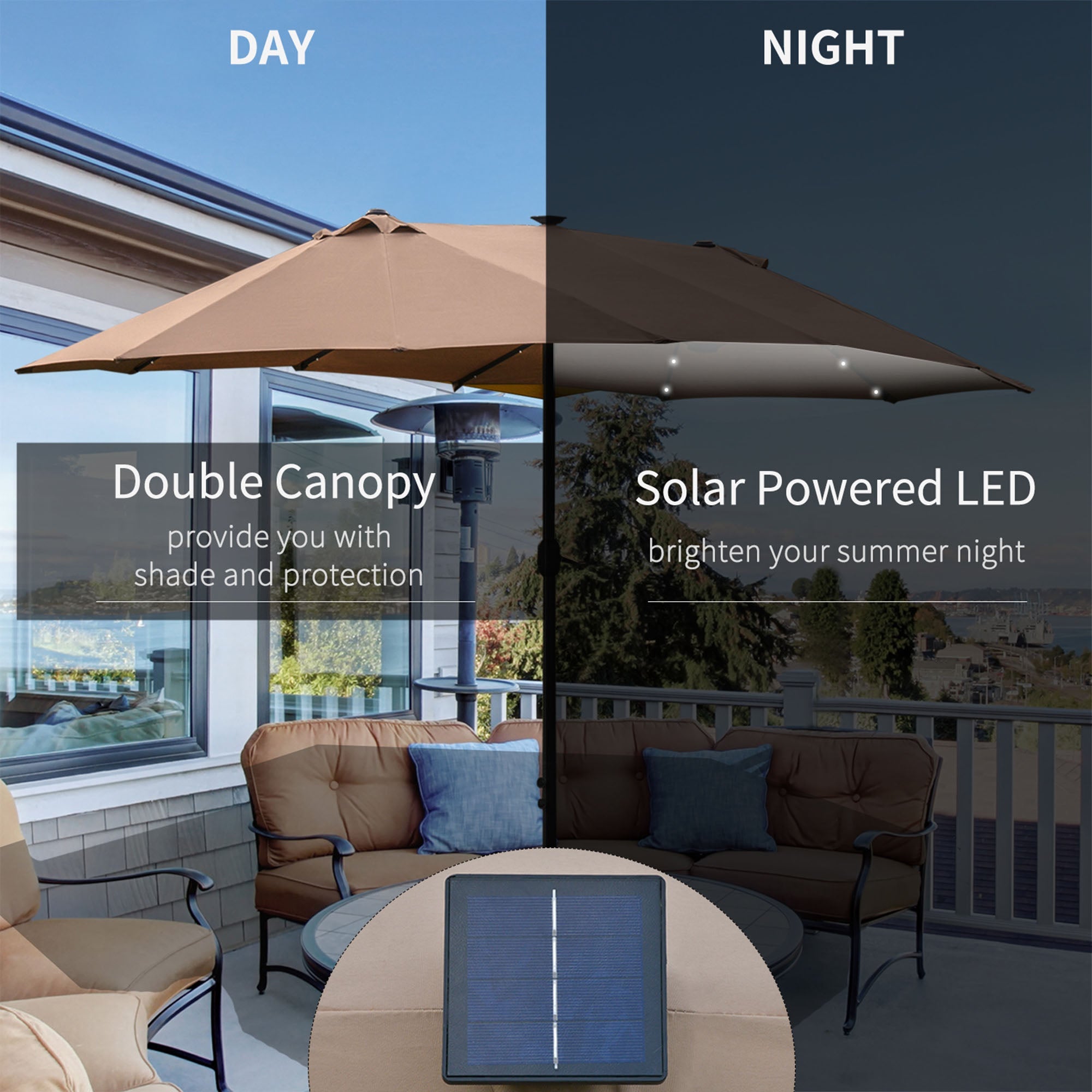 Outsunny Garden Parasol 4.4m Double-Sided Sun Umbrella Patio Parasol LED Solar Lights Khaki