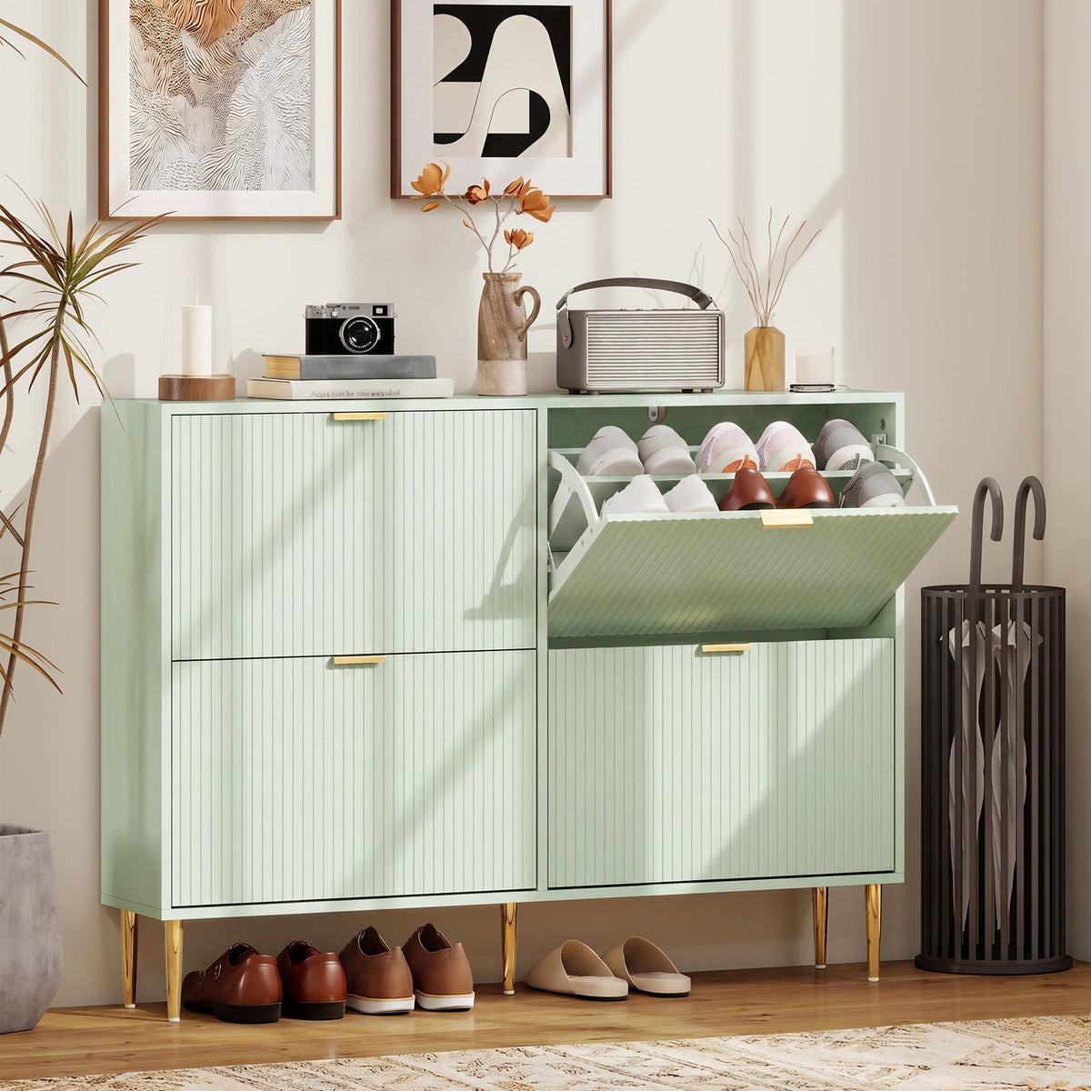 HOMCOM Elegant Four-Drawer Shoe Cabinet - Light Green