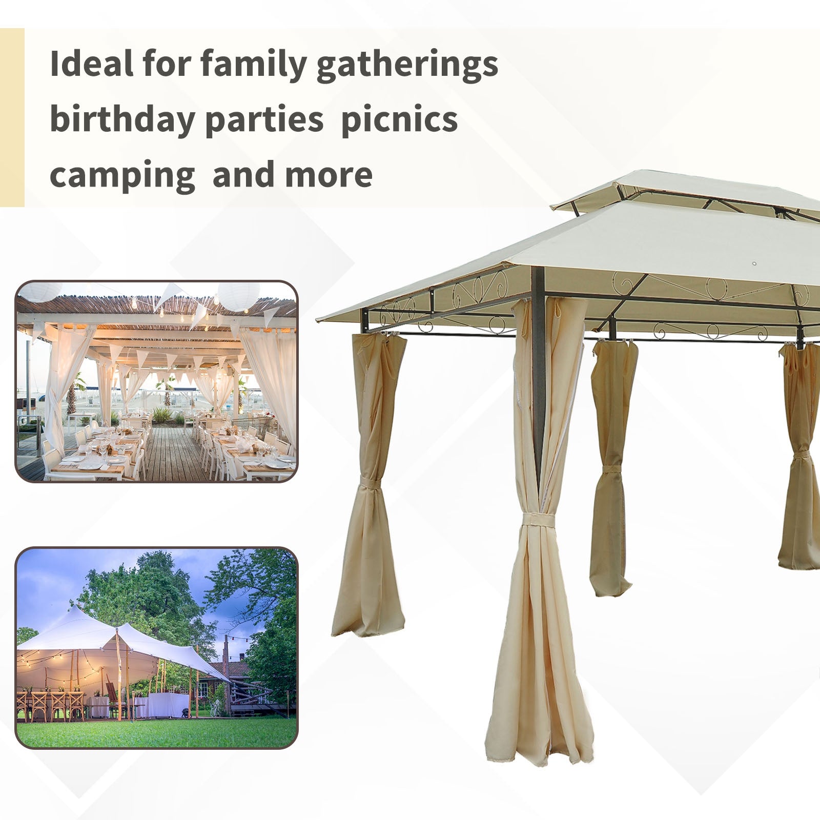 Outsunny 4m x 3(m)Garden Gazebo, Double Roof Outdoor Gazebo Canopy Shelter with Curtains, Solid Steel Frame for Lawn and Deck, Beige